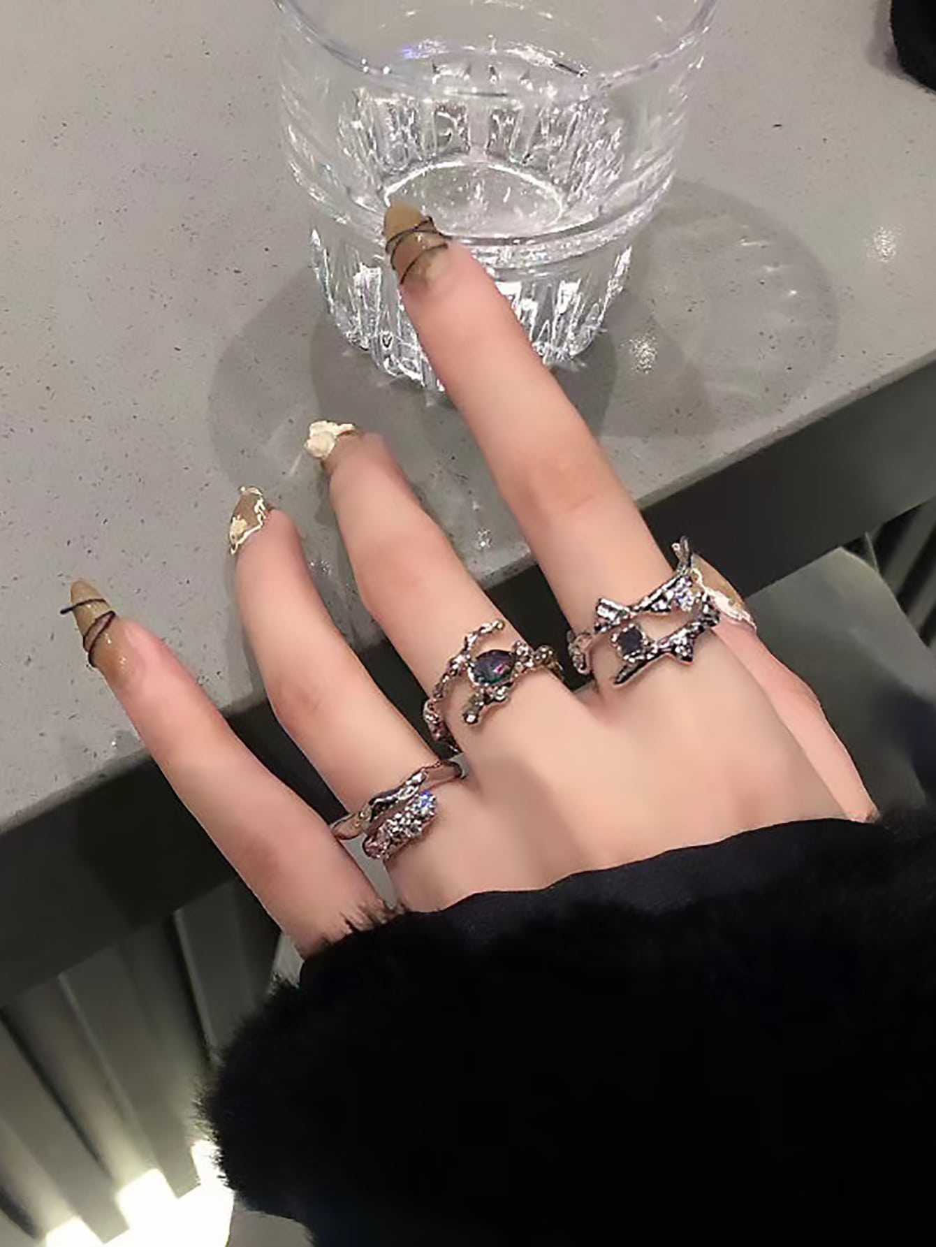 Goth 3pcs Rhinestone Decor Ring