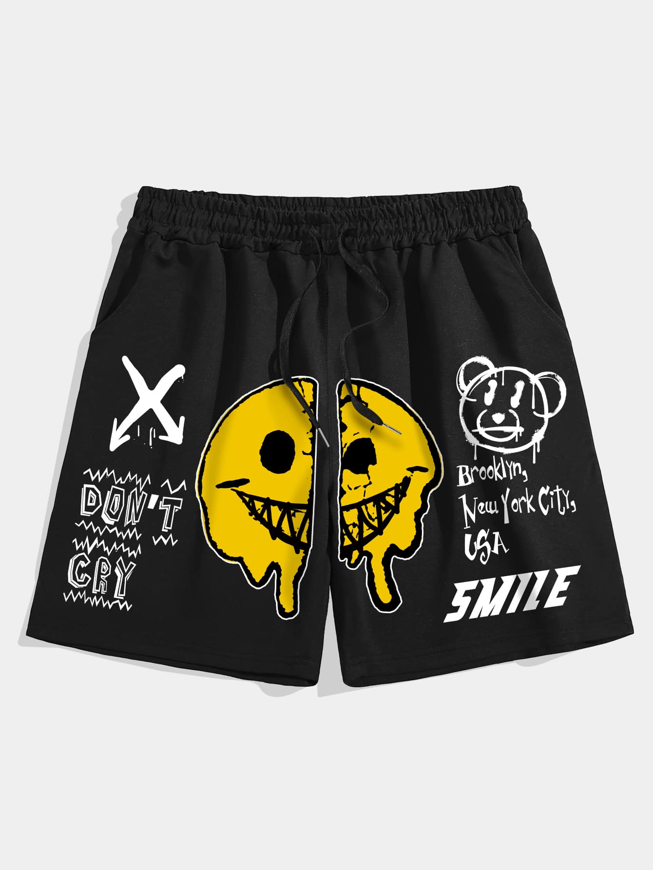 Street Life Men Cartoon & Letter Graphic Drawstring Waist Shorts, School