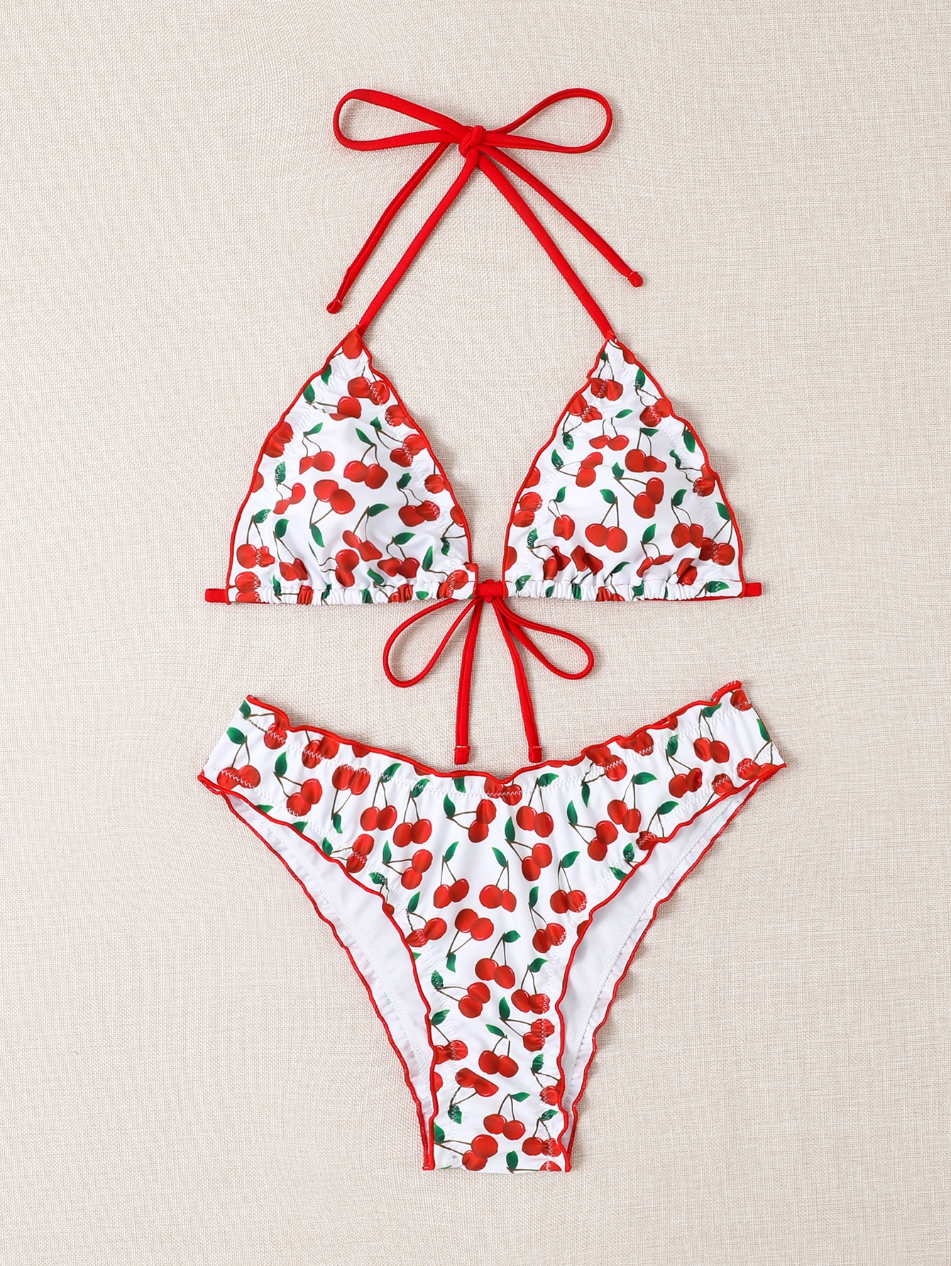 Summer Beach Cherry Print Halter Triangle Bikini Set