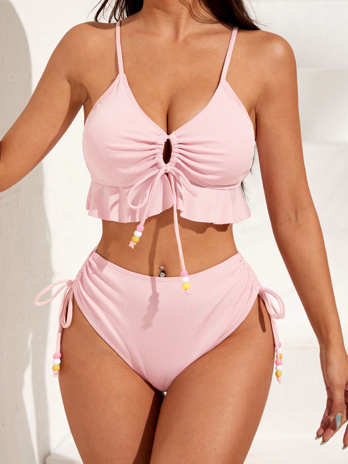 Summer Beach Ruffle Hem Drawstring Bikini Set