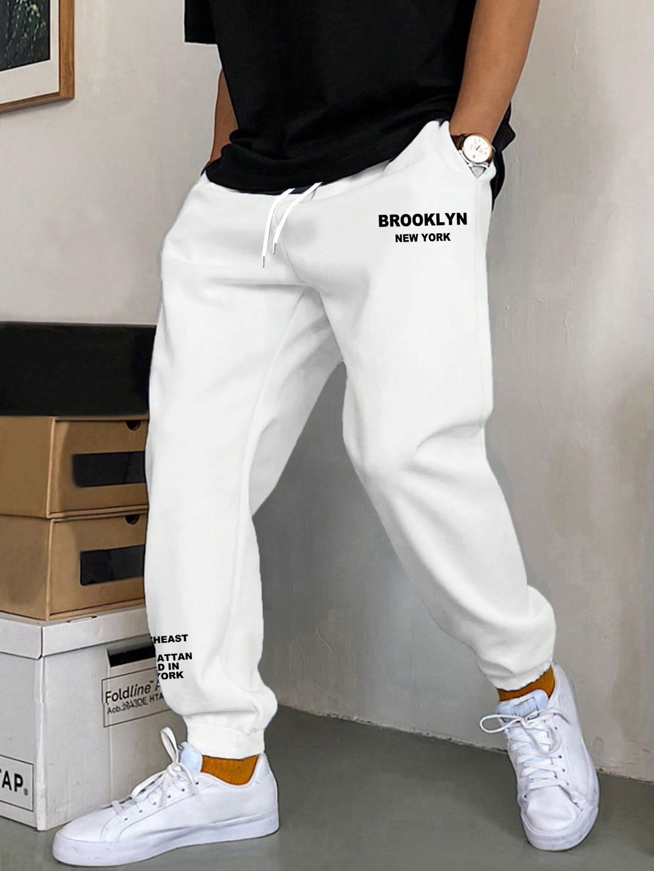 Guys Slogan Graphic Drawstring Waist Sweatpants