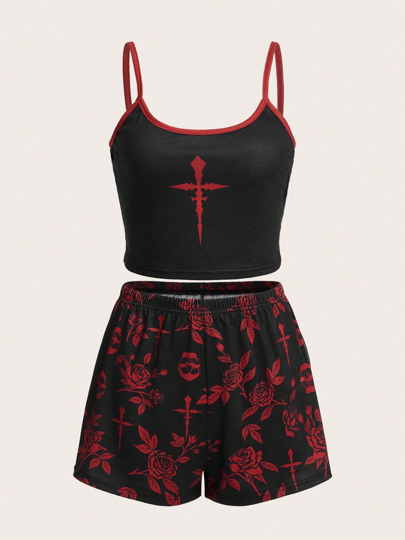 Goth Cross Print Contrast Binding PJ Set, School