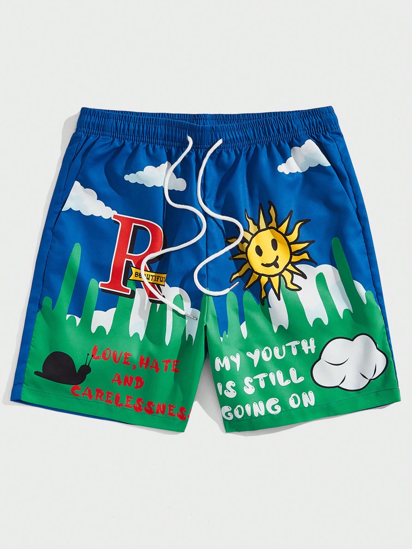 Street Life Men Slogan & Cartoon Graphic Drawstring Waist Shorts, School
