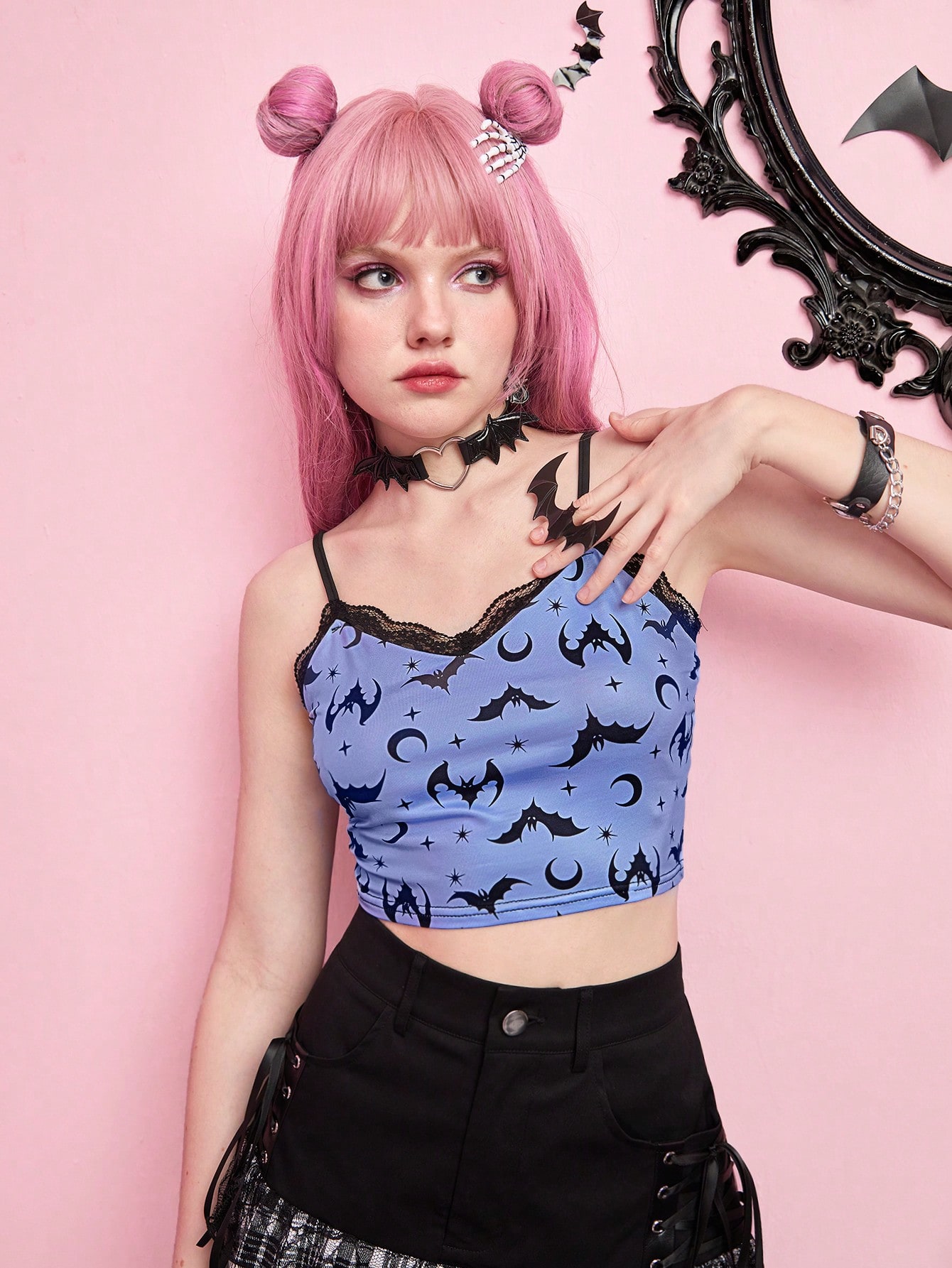 Kawaii Bat Print Contrast Lace Cami Top