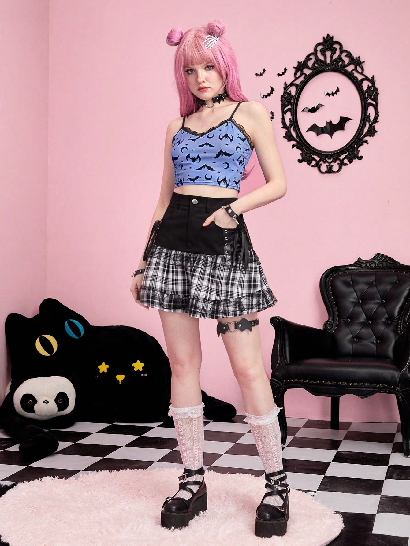 Kawaii Bat Print Contrast Lace Cami Top