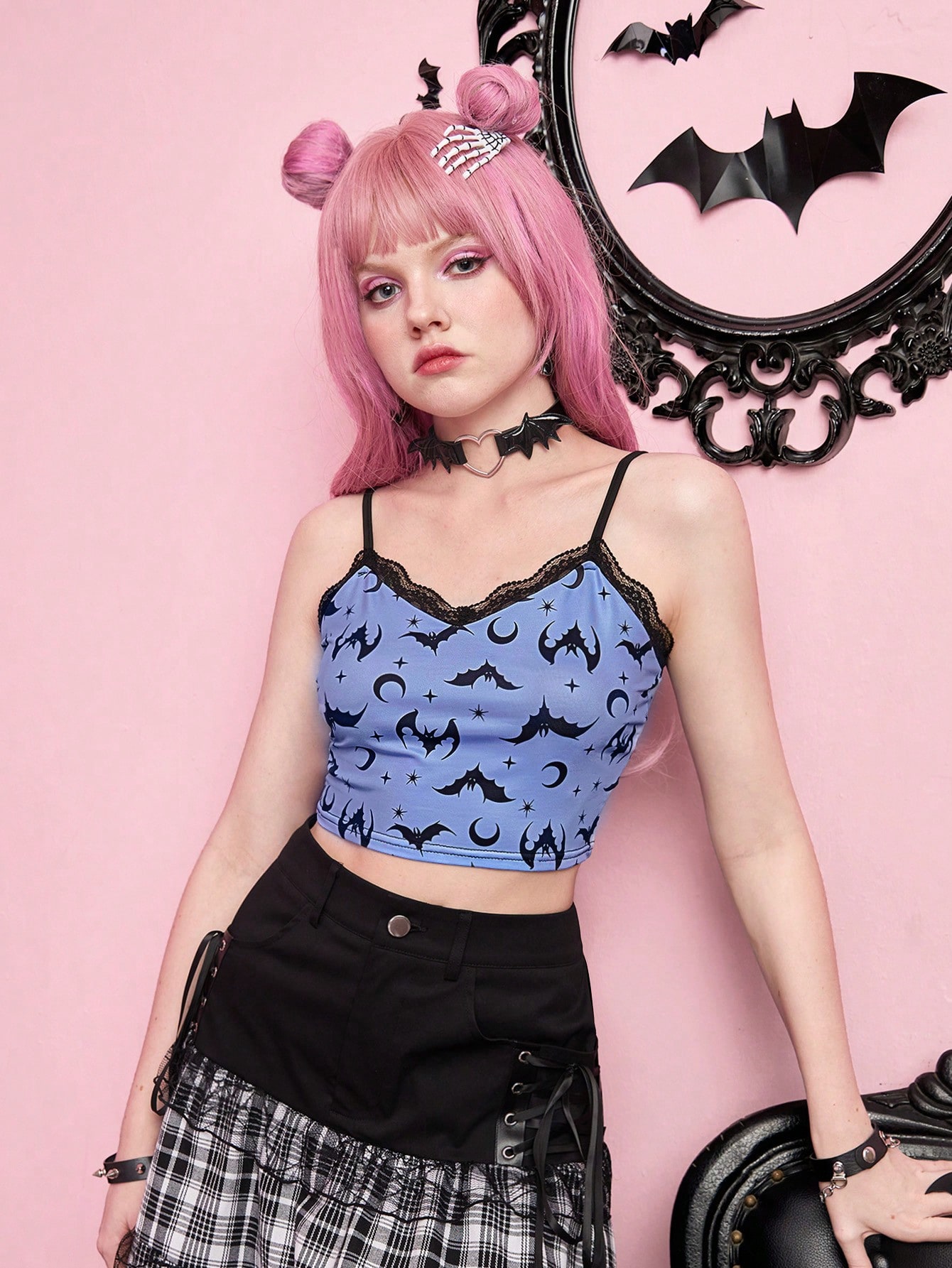 Kawaii Bat Print Contrast Lace Cami Top