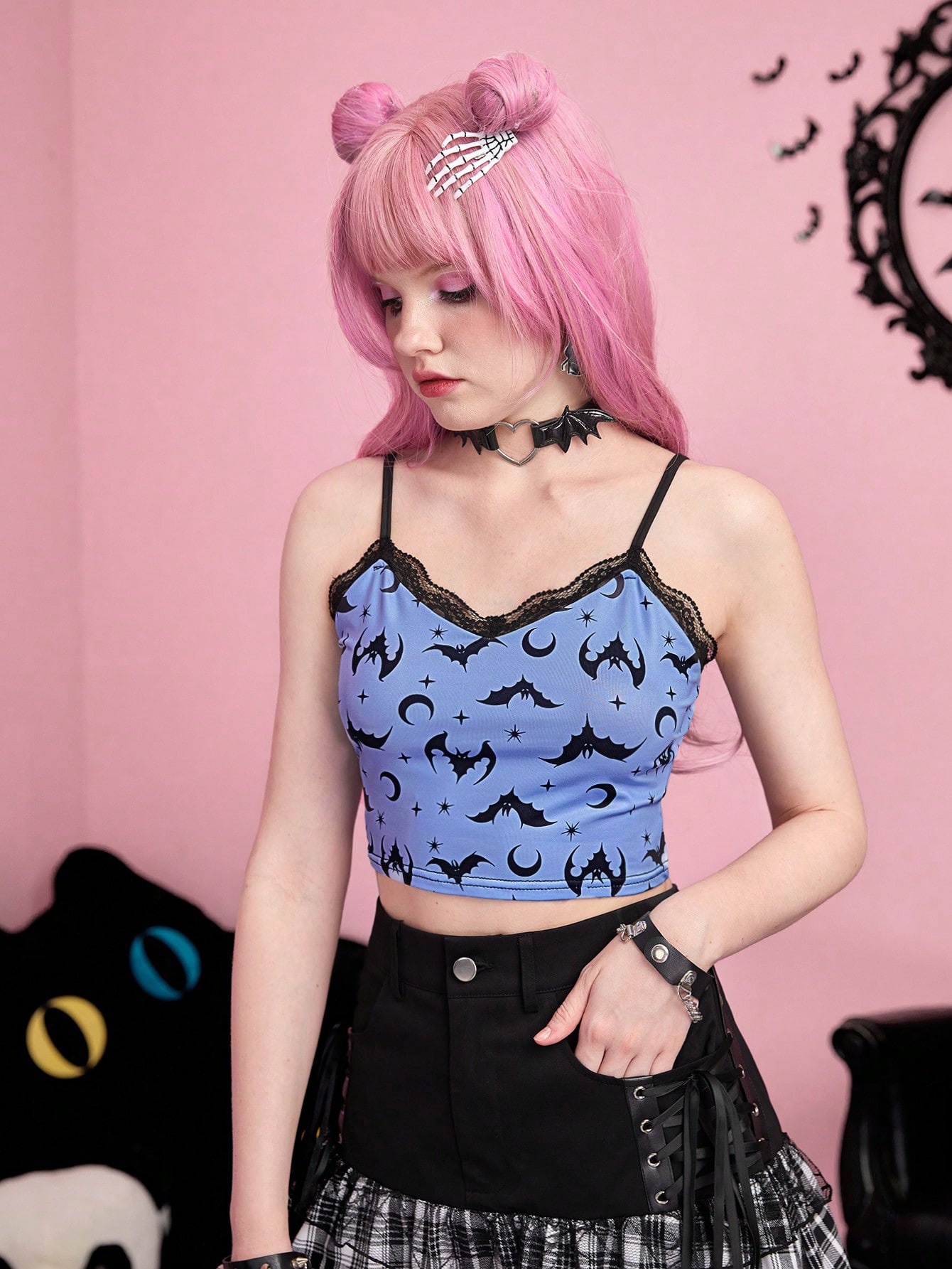 Kawaii Bat Print Contrast Lace Cami Top