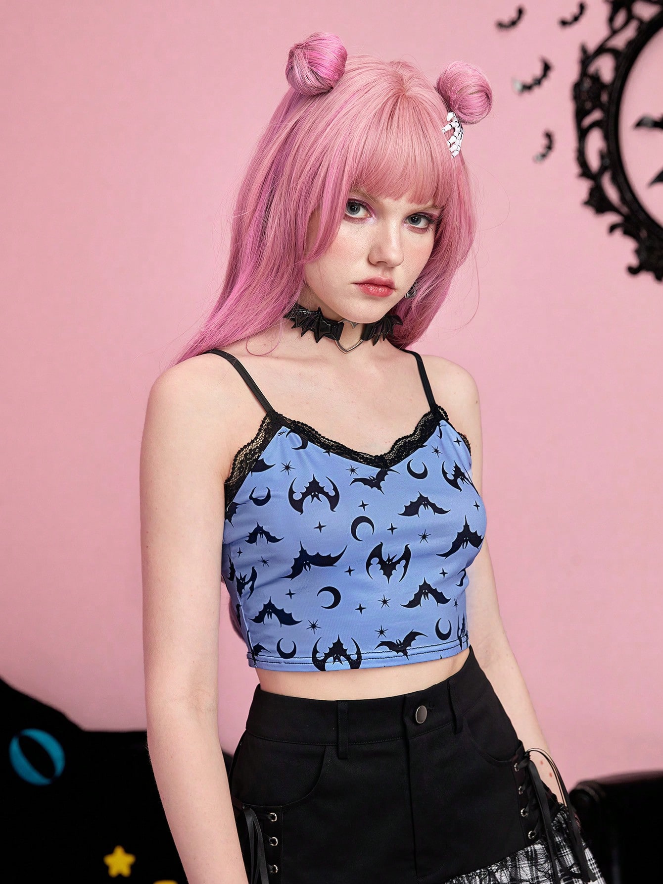 Kawaii Bat Print Contrast Lace Cami Top