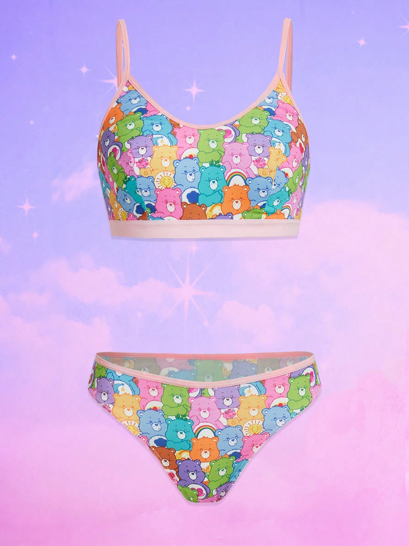ROMWE X Care Bears Cartoon Graphic Contrast Binding Lingerie Set