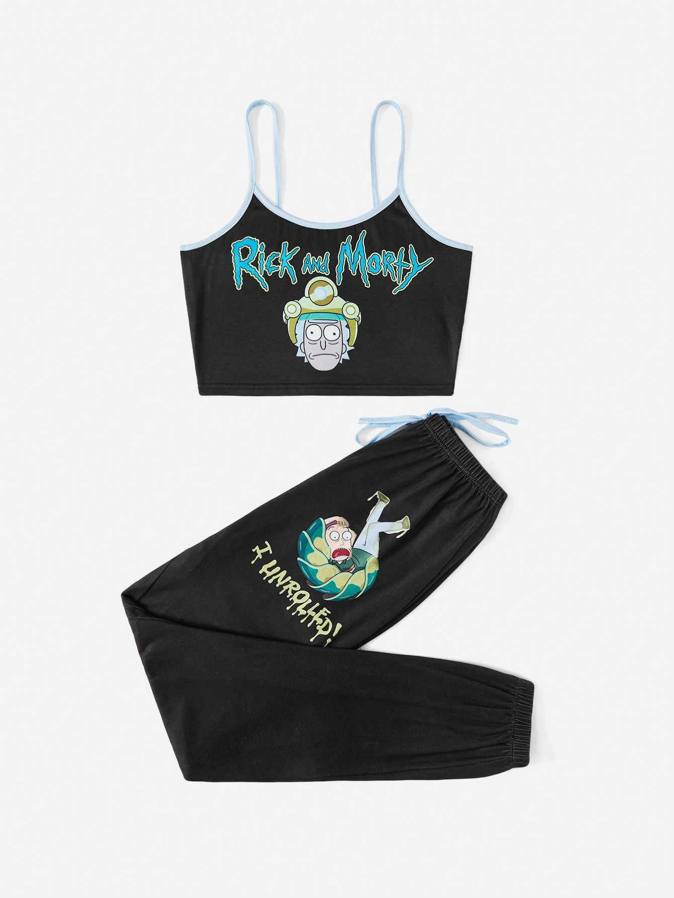 Rick and Morty | ROMWE Letter Cartoon Graphic Contrast Binding PJ Set, School