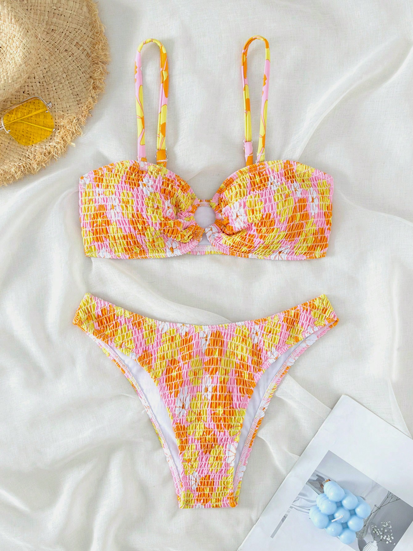 Floral Smocked Ring Linked Bikini Set For Summer Beach