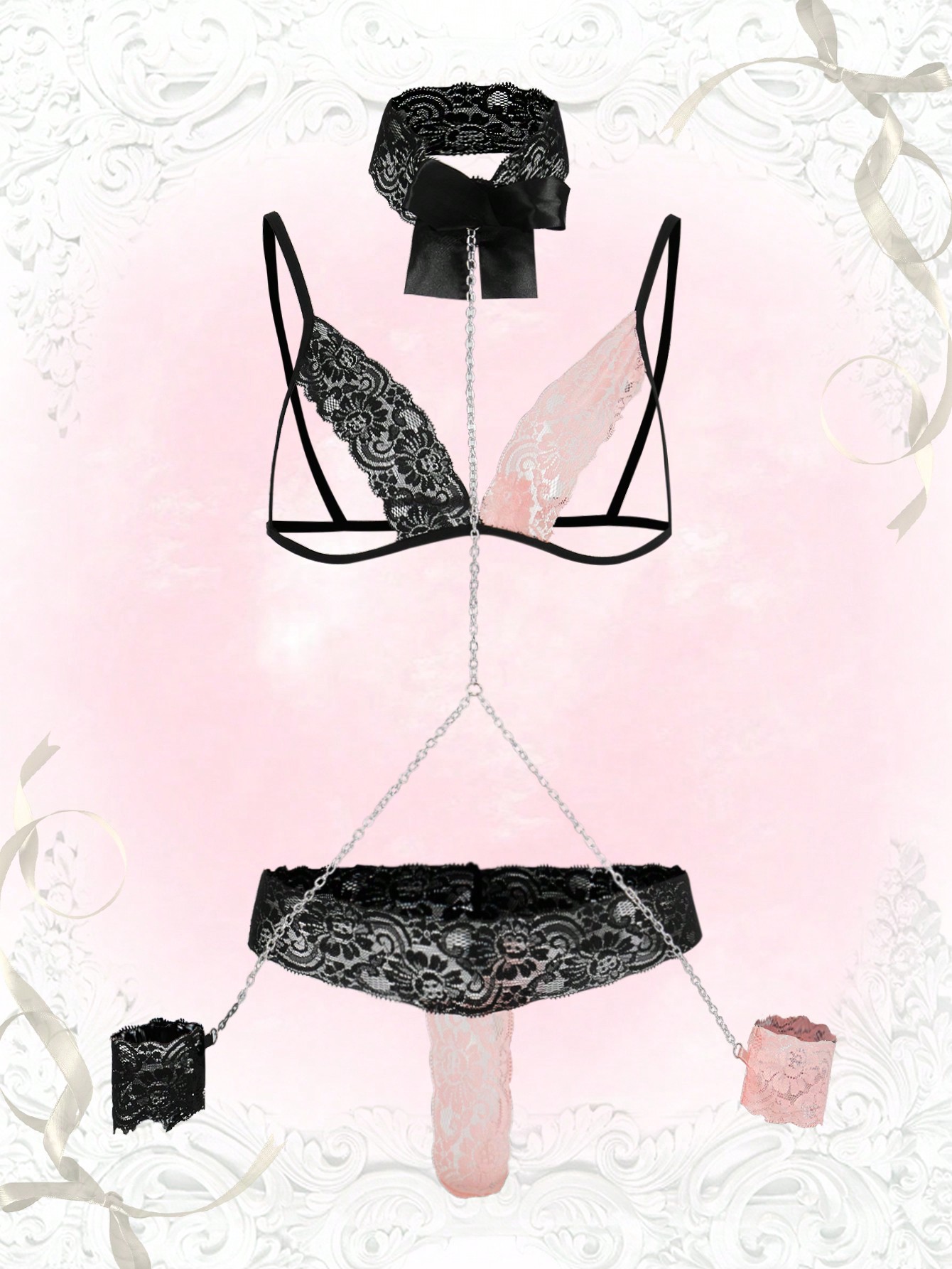 Kawaii Floral Lace Cut-out Lingerie Set With Choker