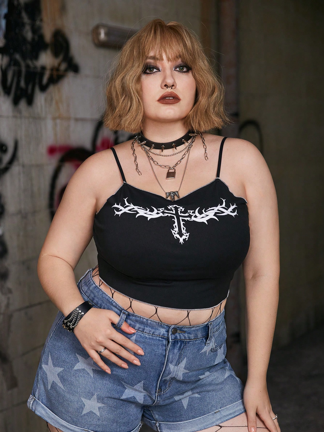 Grunge Punk Plus Cross Print Cami Top