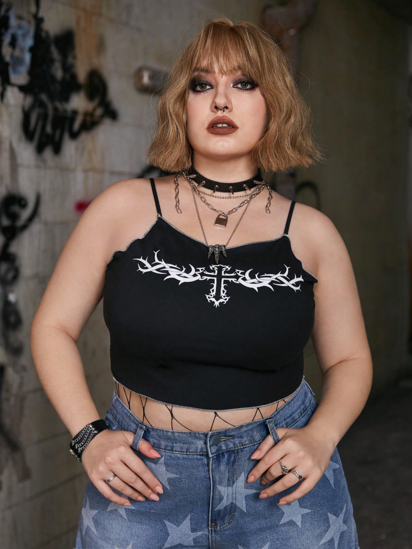 Grunge Punk Plus Cross Print Cami Top