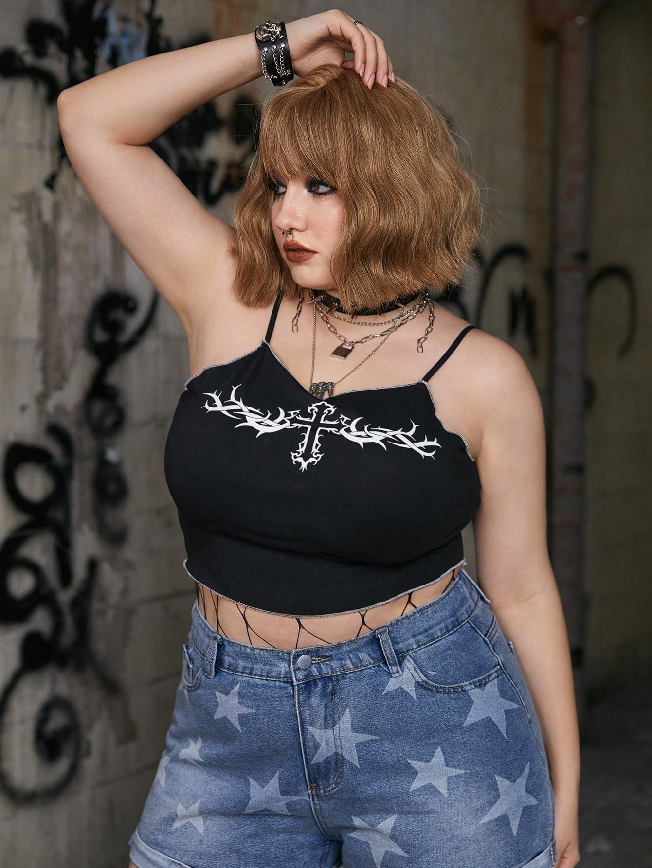 Grunge Punk Plus Cross Print Cami Top
