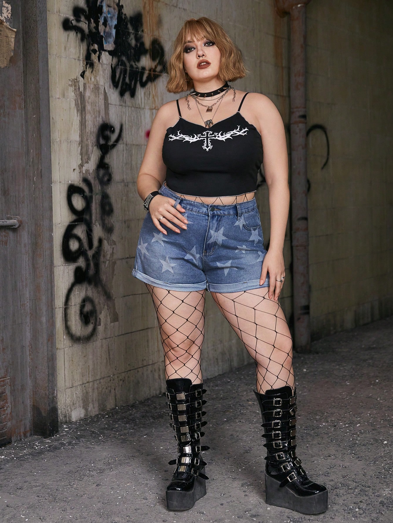 Grunge Punk Plus Cross Print Cami Top