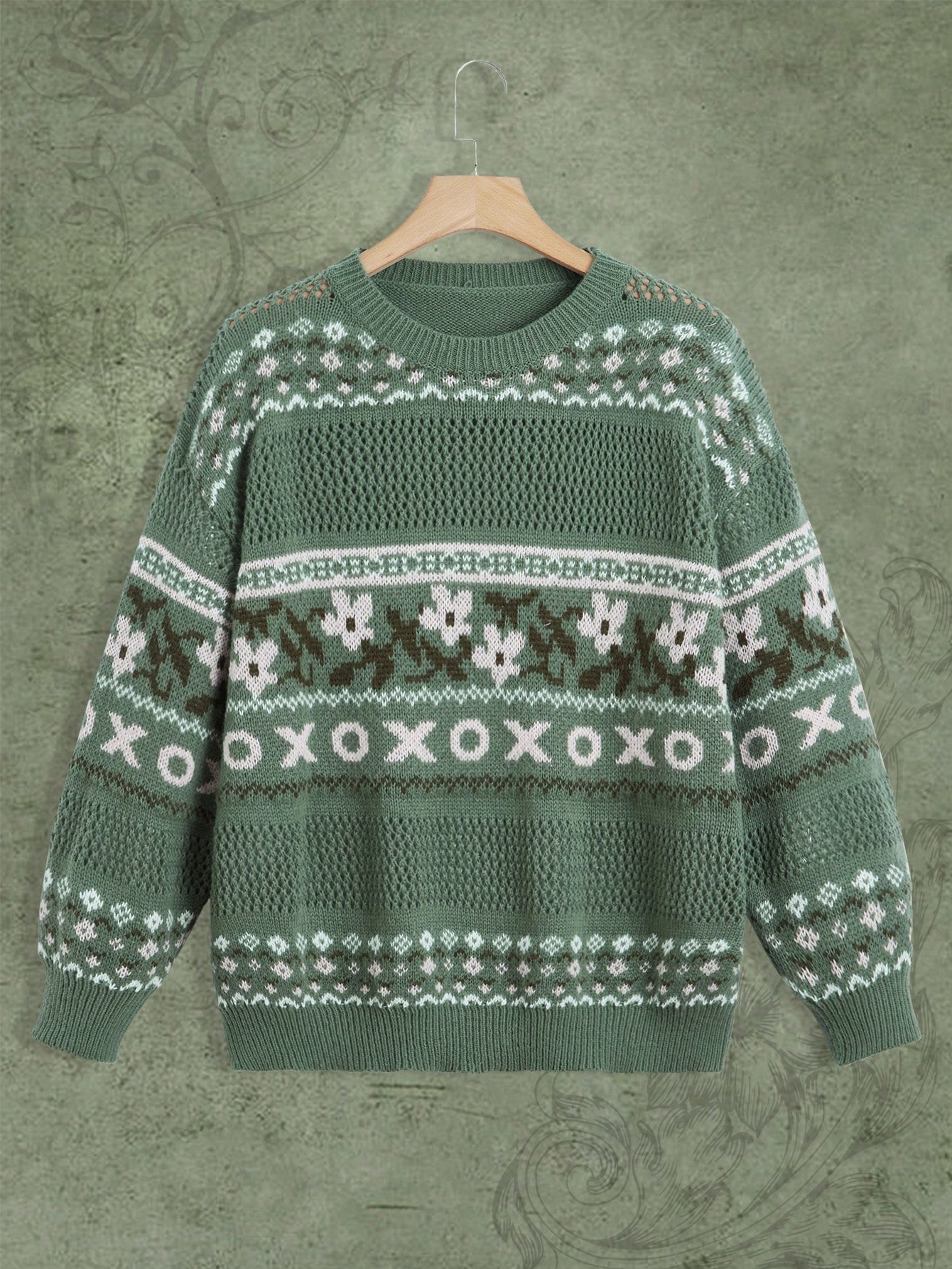 Fairycore Plus Geo Pattern Drop Shoulder Sweater