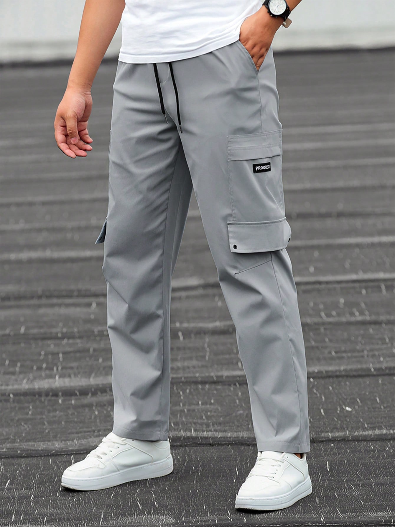 Guys Letter Patched Detail Flap Pocket Side Drawstring Waist Cargo Pants