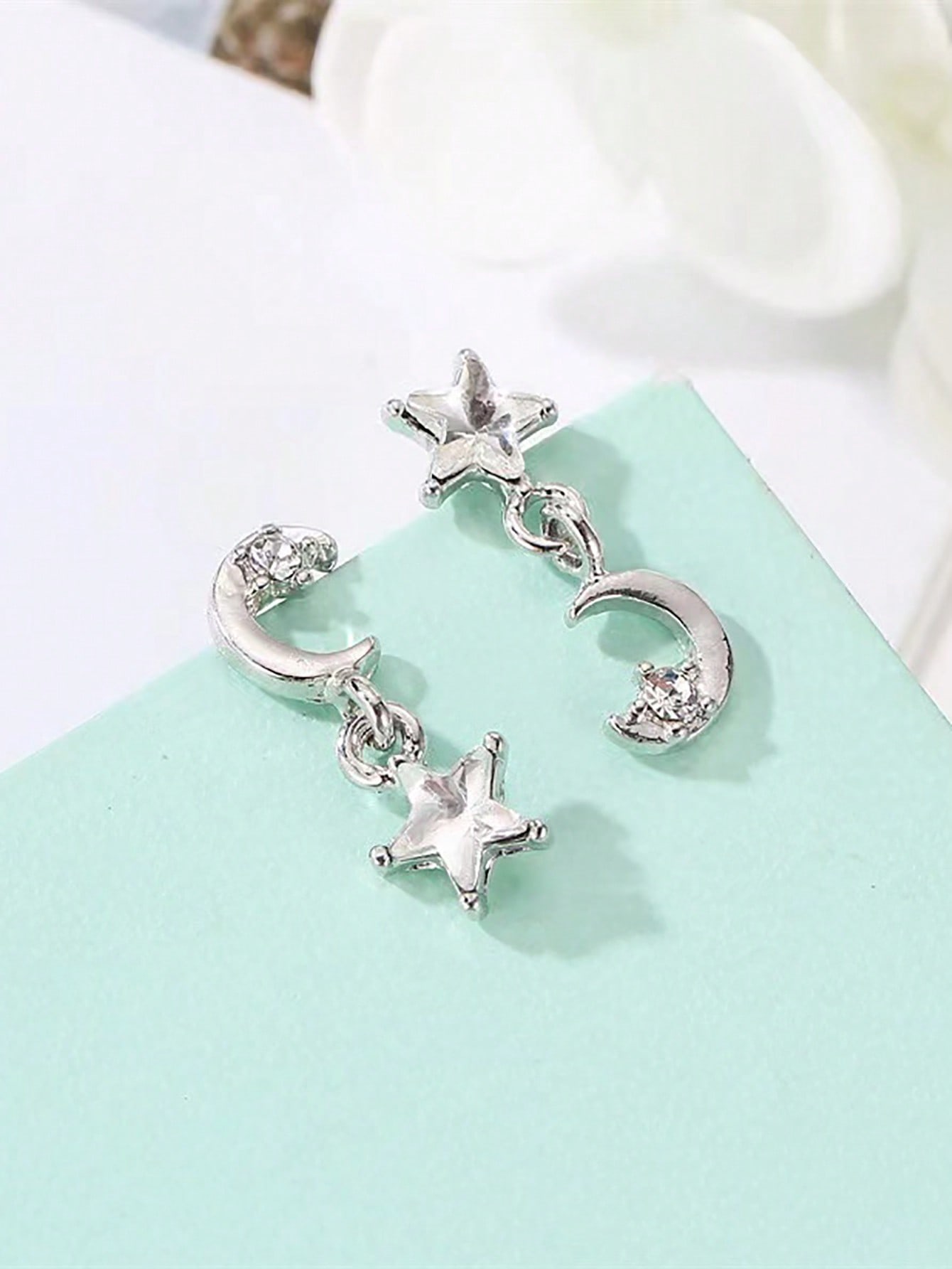 Grunge Punk 1pair Fashion Iron Alloy Rhinestone Decor Moon & Star Drop Earrings For Women For Dating Gift