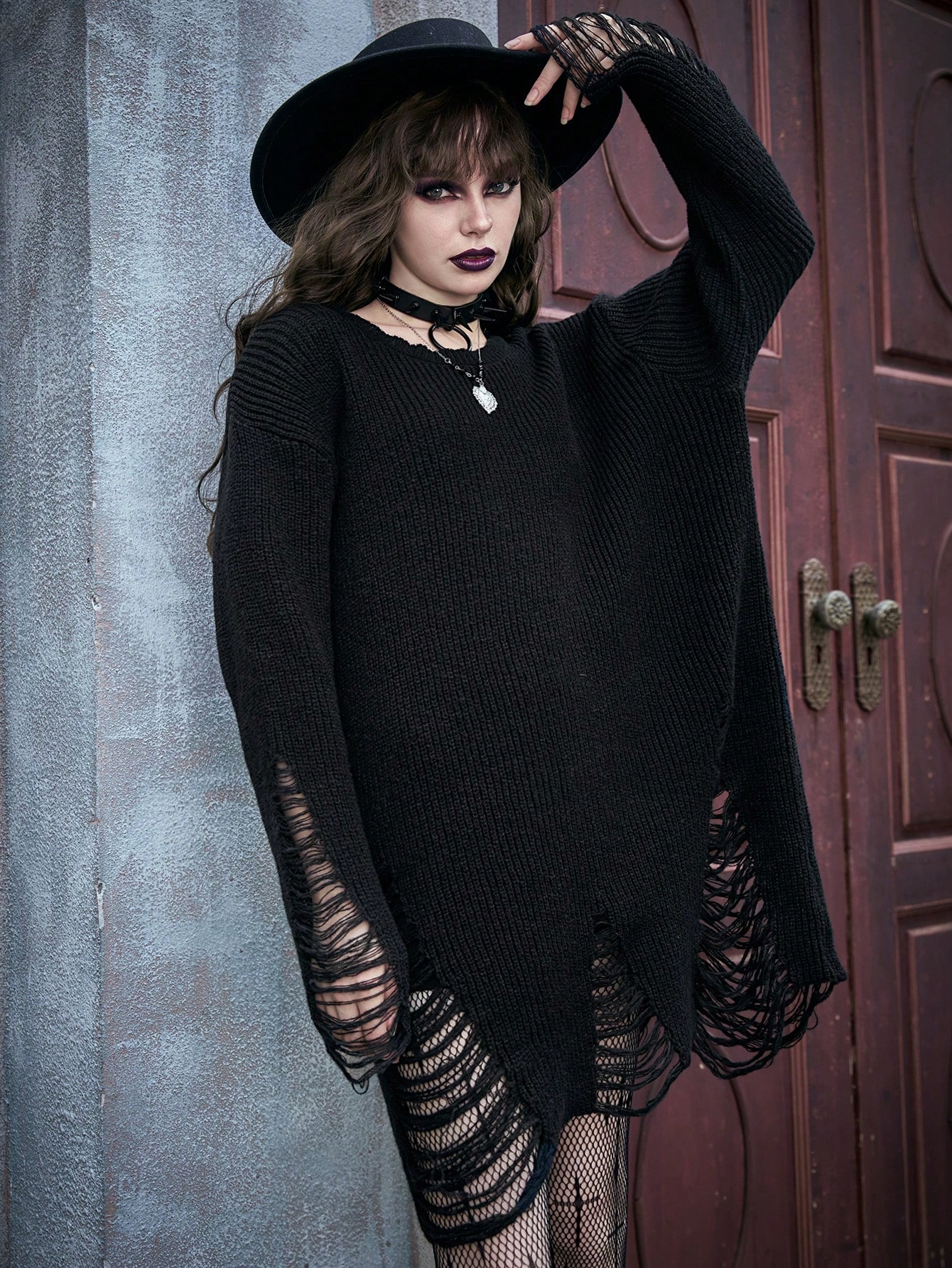 Solid Distressed Sweater Dress