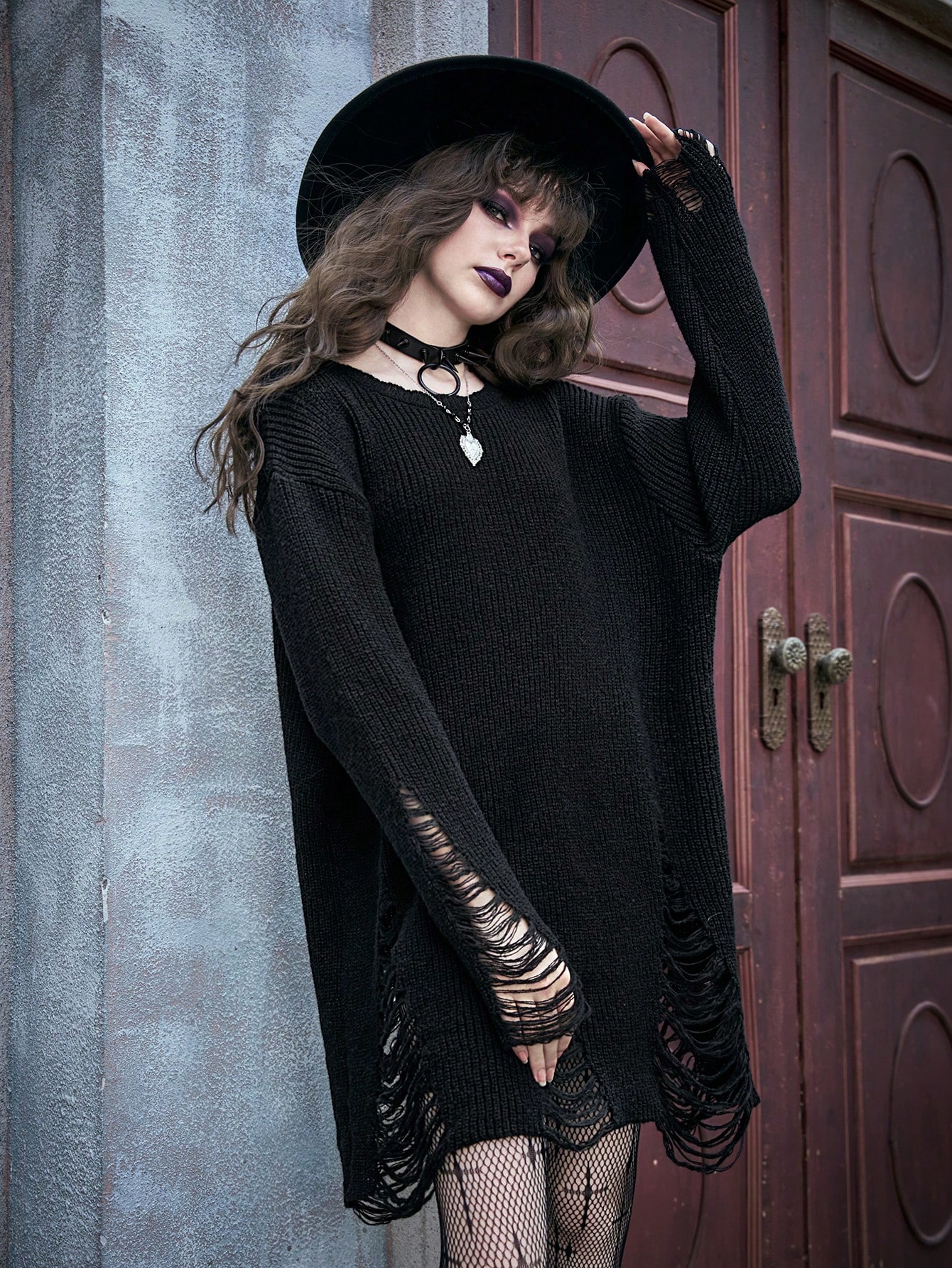Solid Distressed Sweater Dress