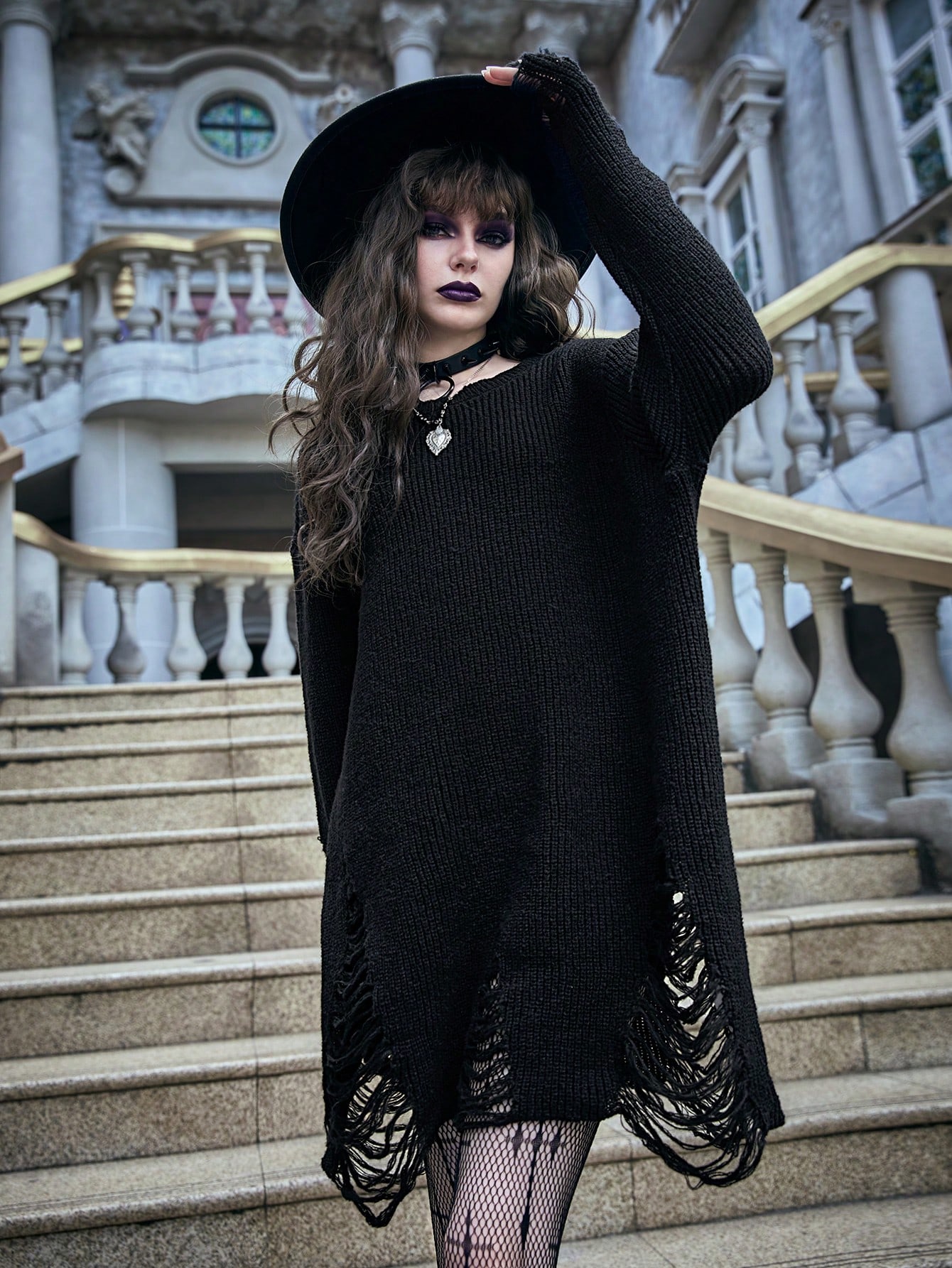 Solid Distressed Sweater Dress