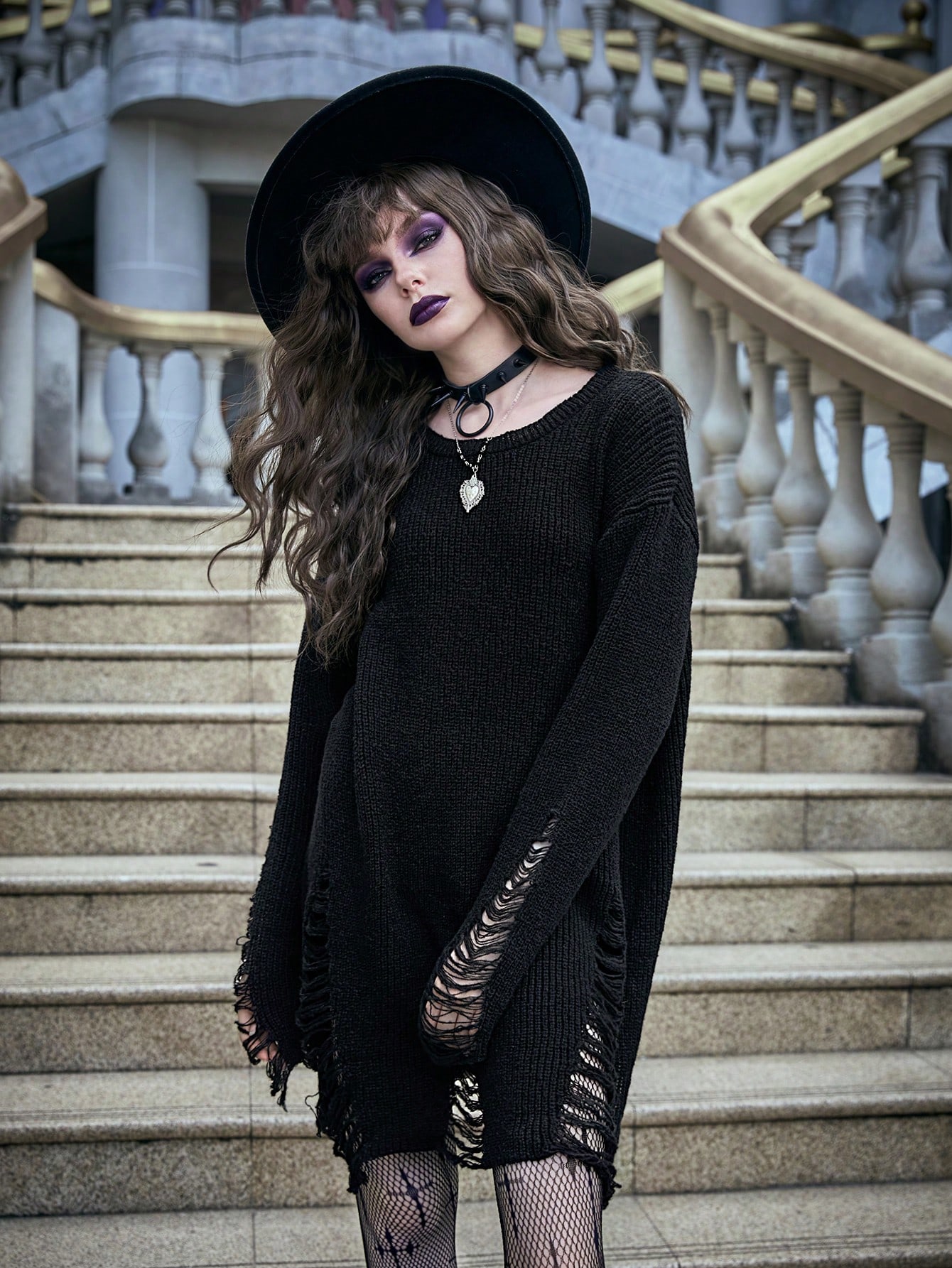 Solid Distressed Sweater Dress
