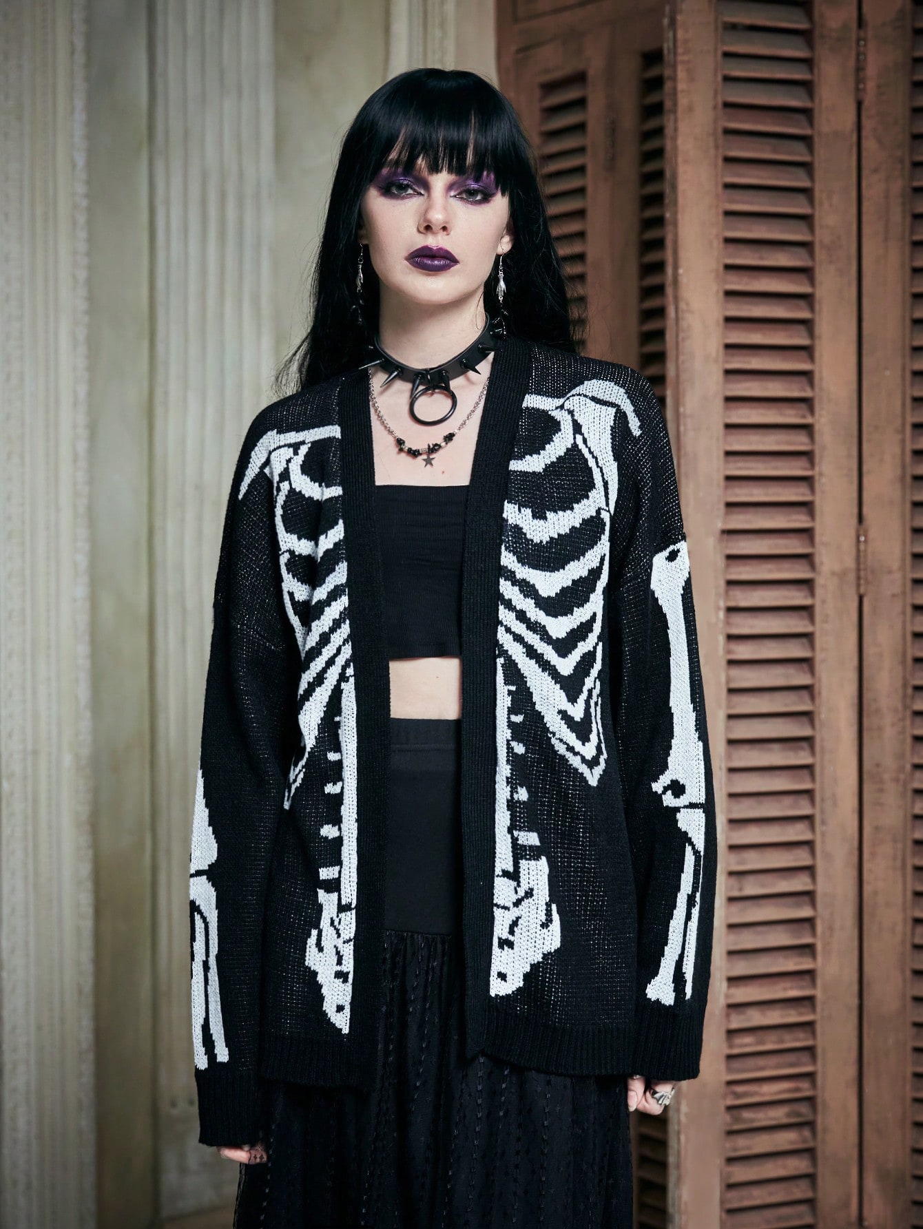 Skeleton Pattern Drop Shoulder Cardigan Without Cami Top, School