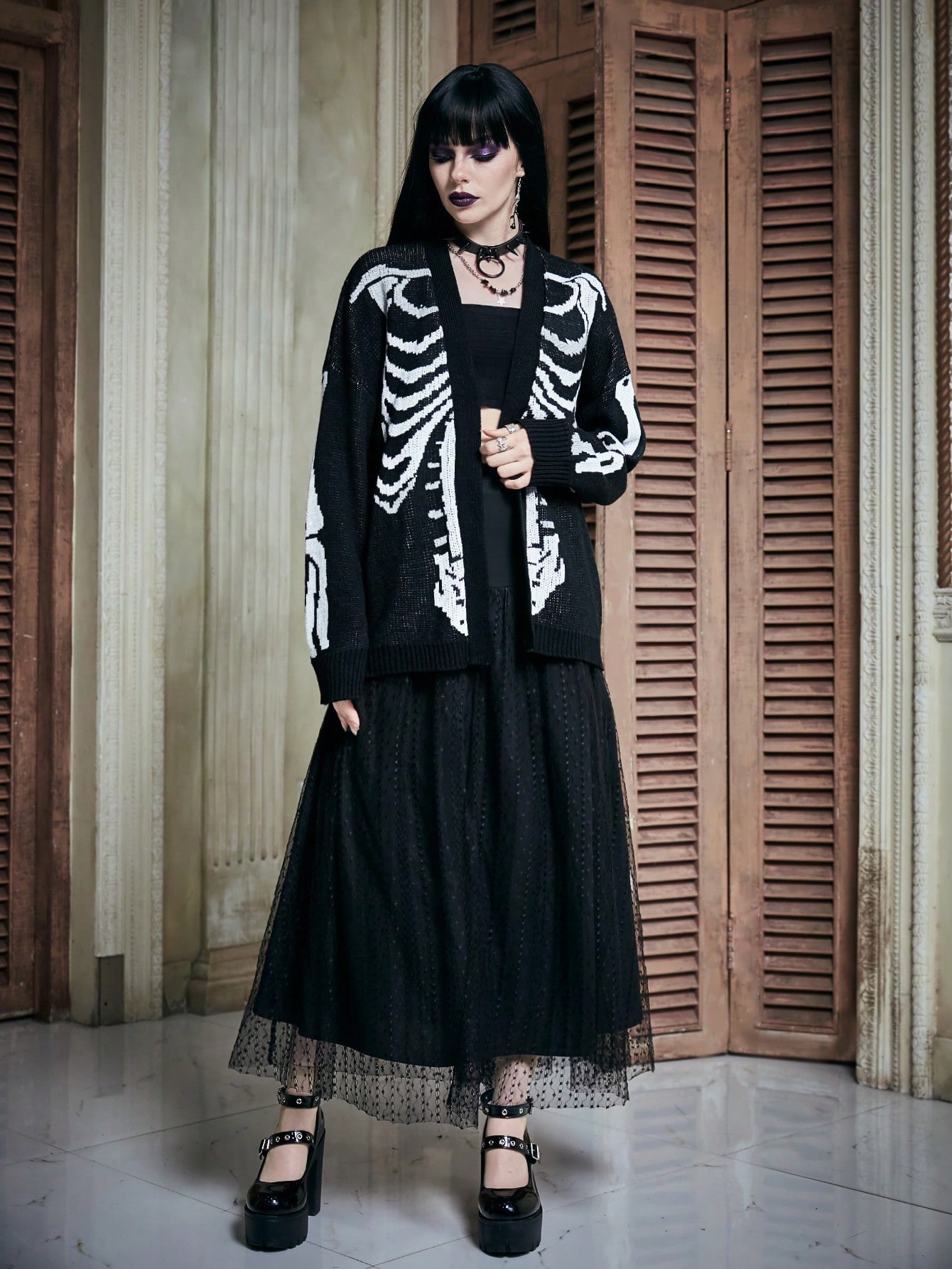 Skeleton Pattern Drop Shoulder Cardigan Without Cami Top, School
