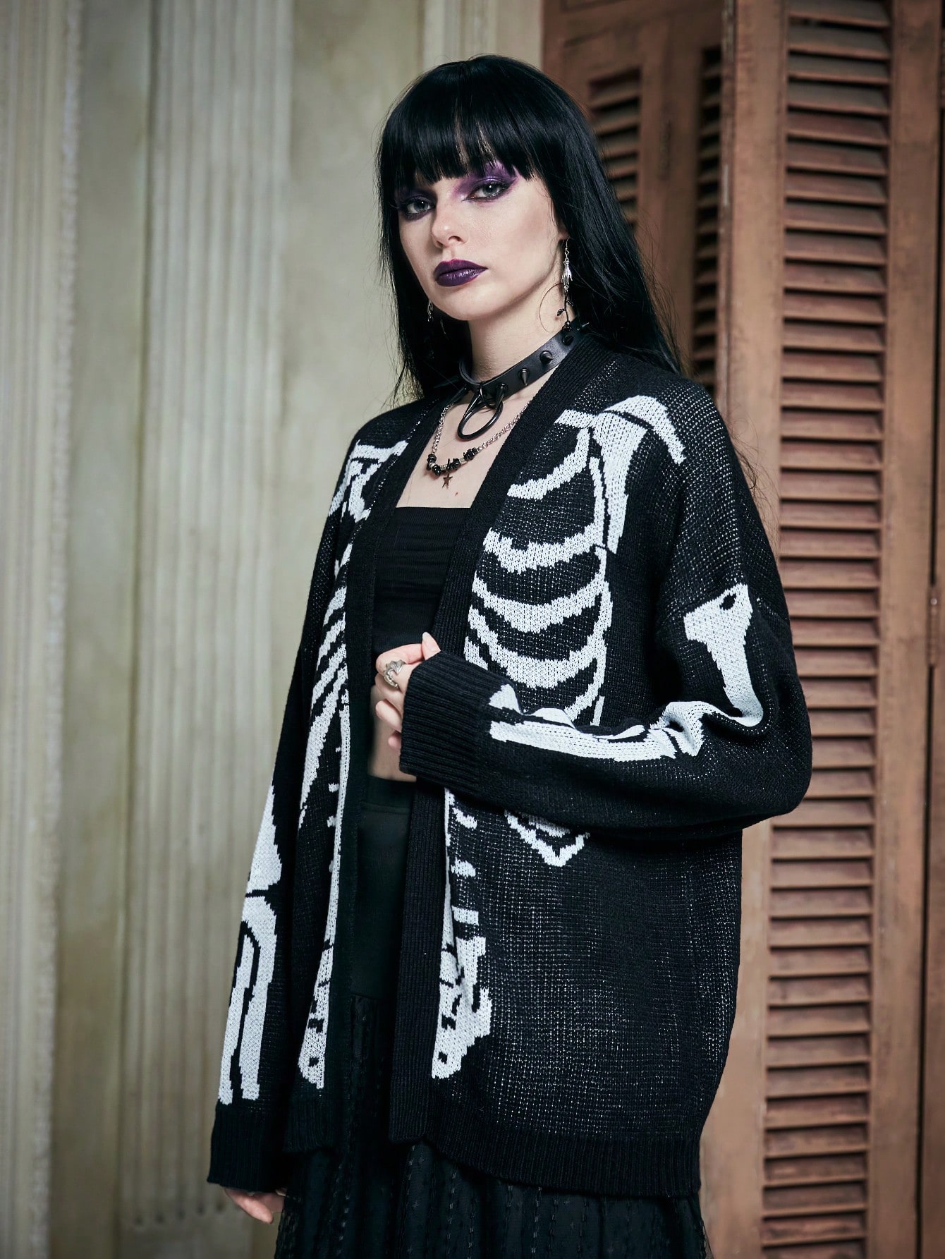 Skeleton Pattern Drop Shoulder Cardigan Without Cami Top, School