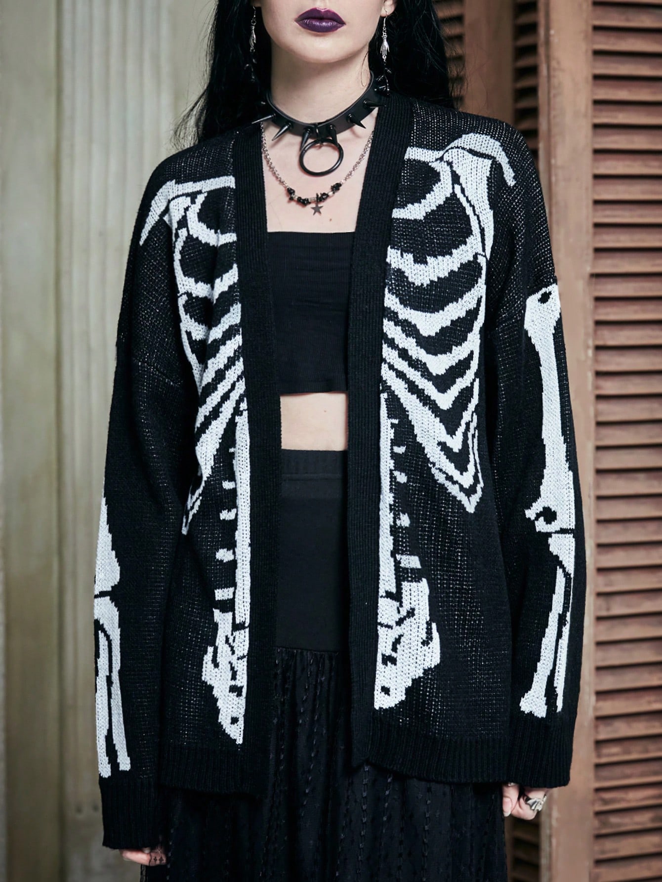 Skeleton Pattern Drop Shoulder Cardigan Without Cami Top, School