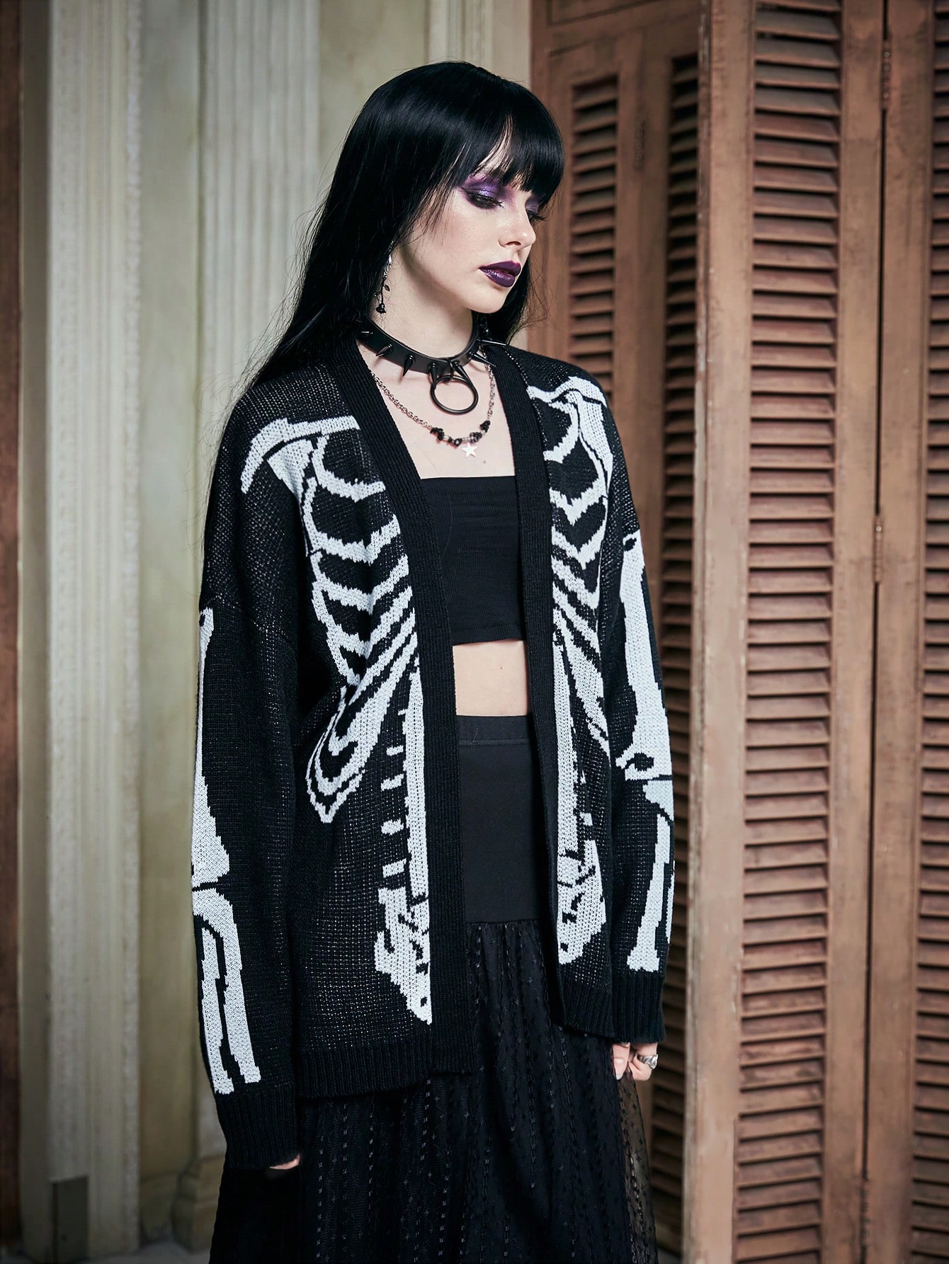 Skeleton Pattern Drop Shoulder Cardigan Without Cami Top, School