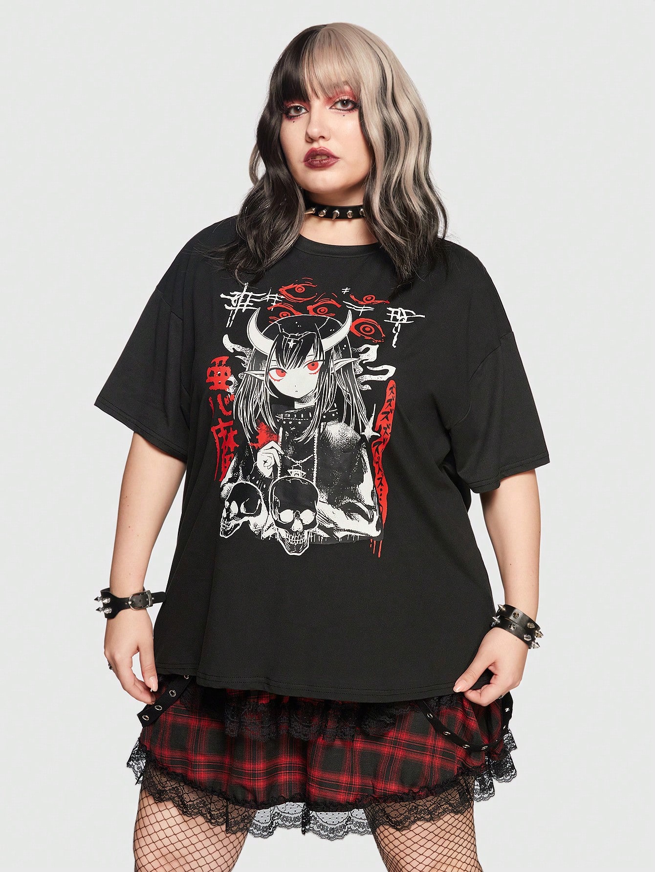 Anime Plus Figure & Skull Print Drop Shoulder Tee, School