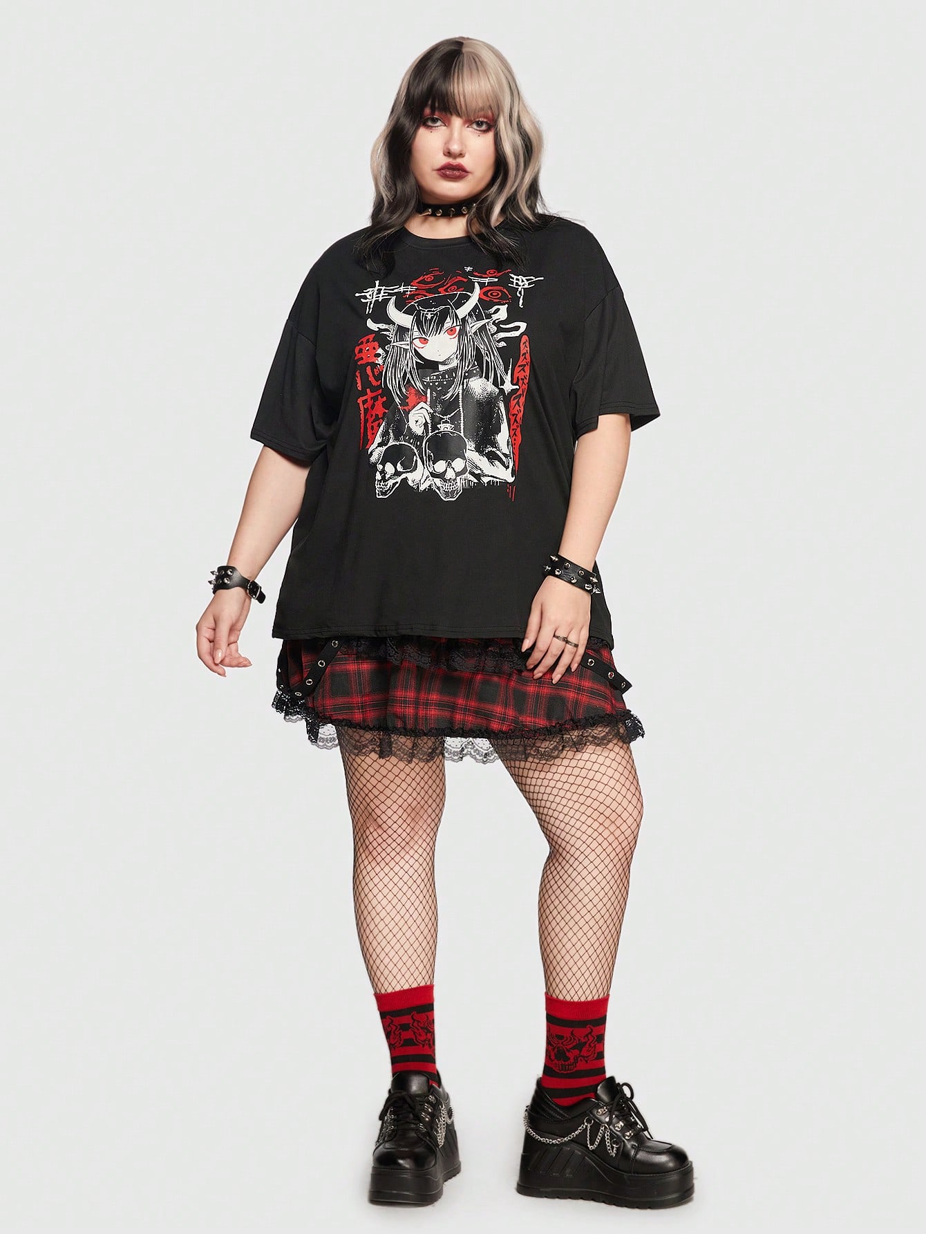 Anime Plus Figure & Skull Print Drop Shoulder Tee, School