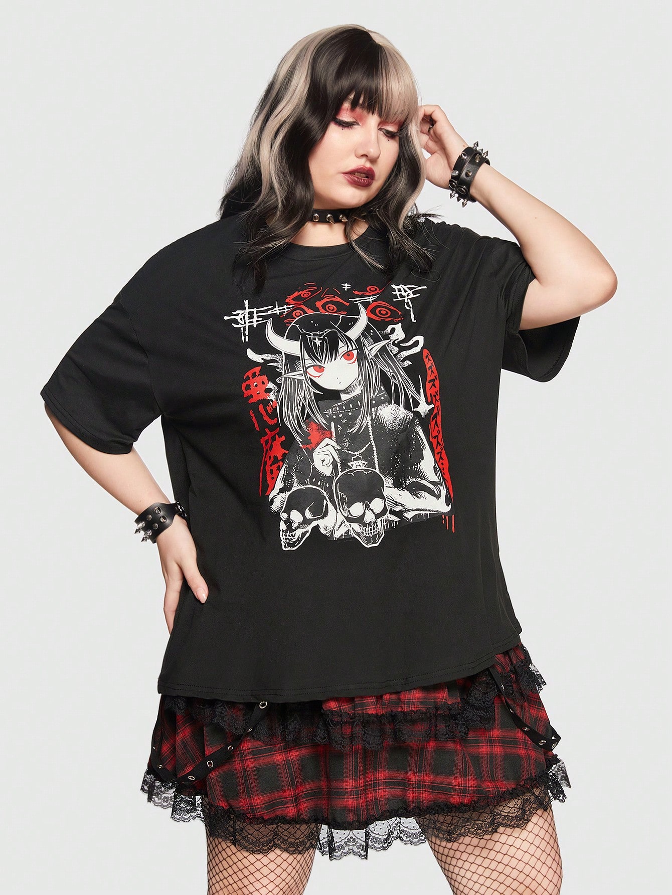 Anime Plus Figure & Skull Print Drop Shoulder Tee, School