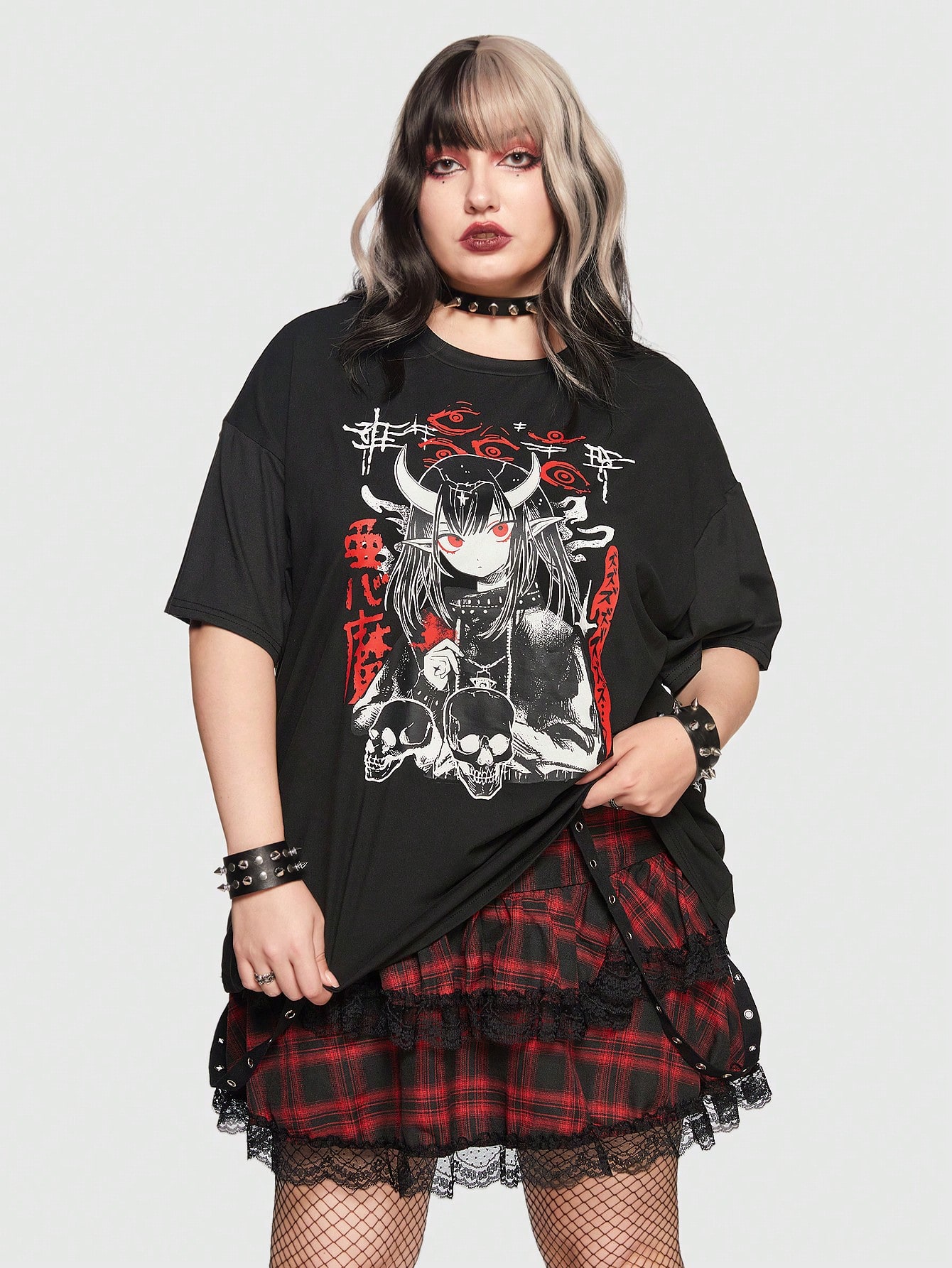 Anime Plus Figure & Skull Print Drop Shoulder Tee, School