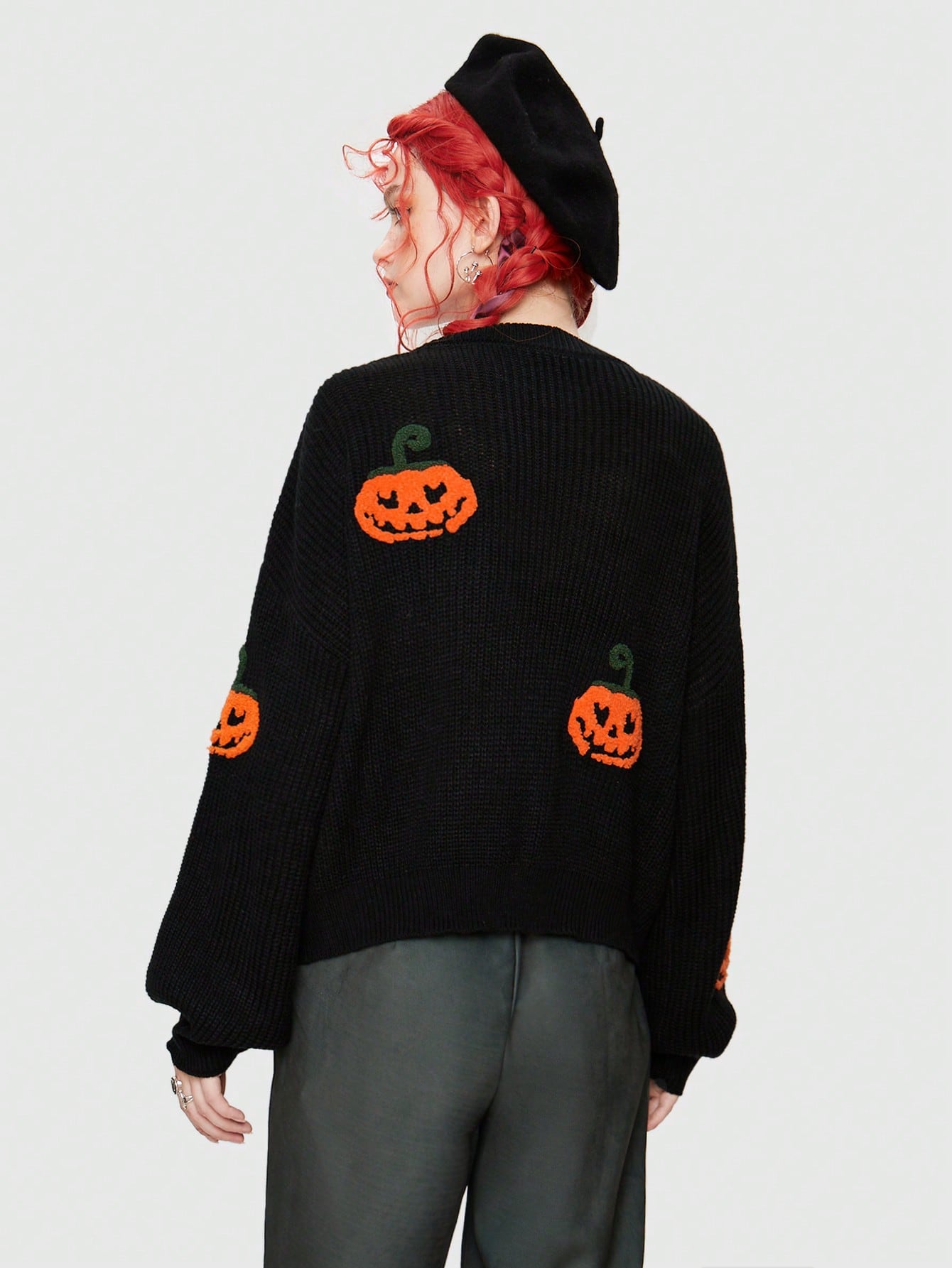 Fairycore Halloween Pumpkin Pattern Drop Shoulder Cardigan