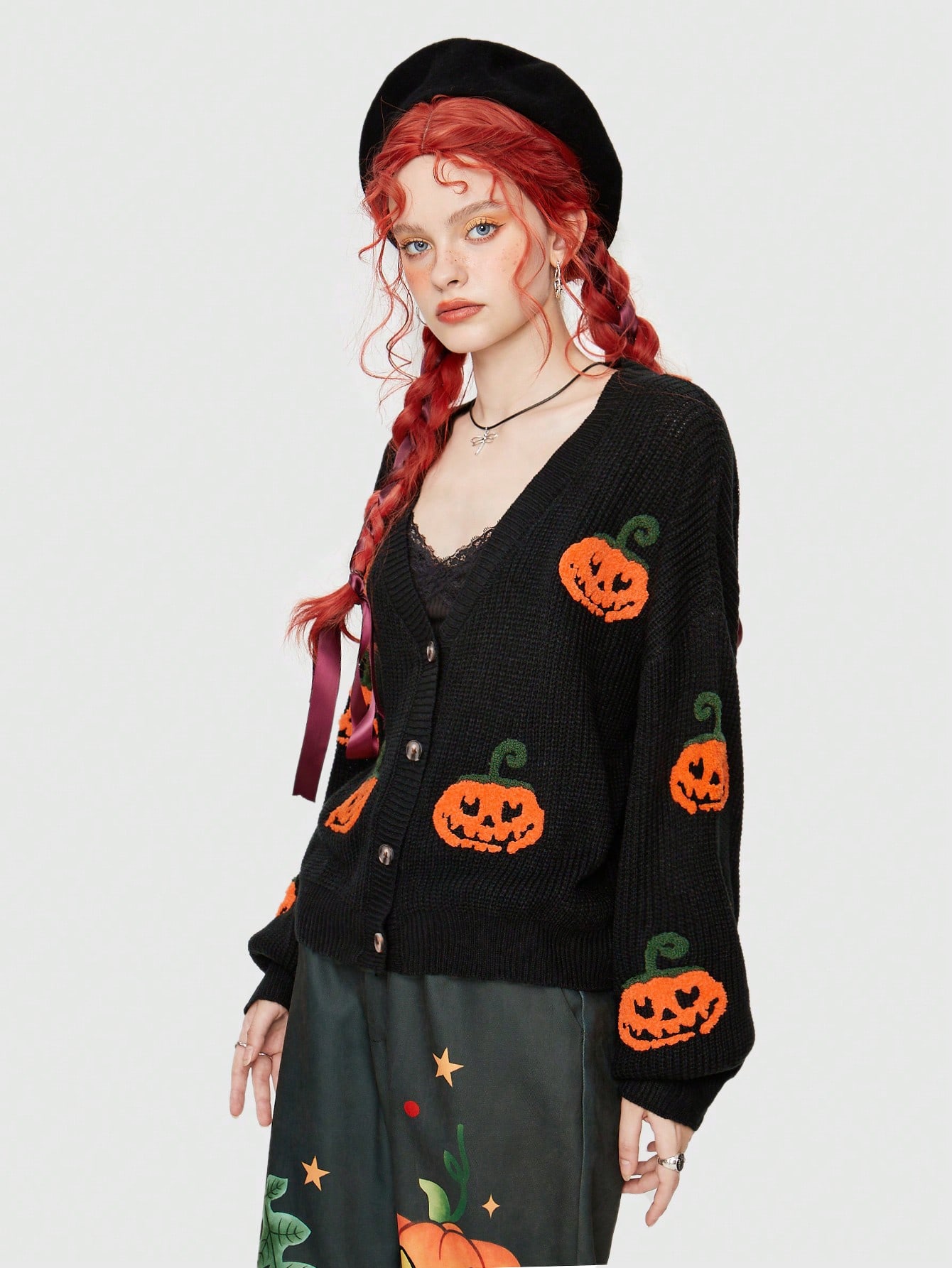 Fairycore Halloween Pumpkin Pattern Drop Shoulder Cardigan