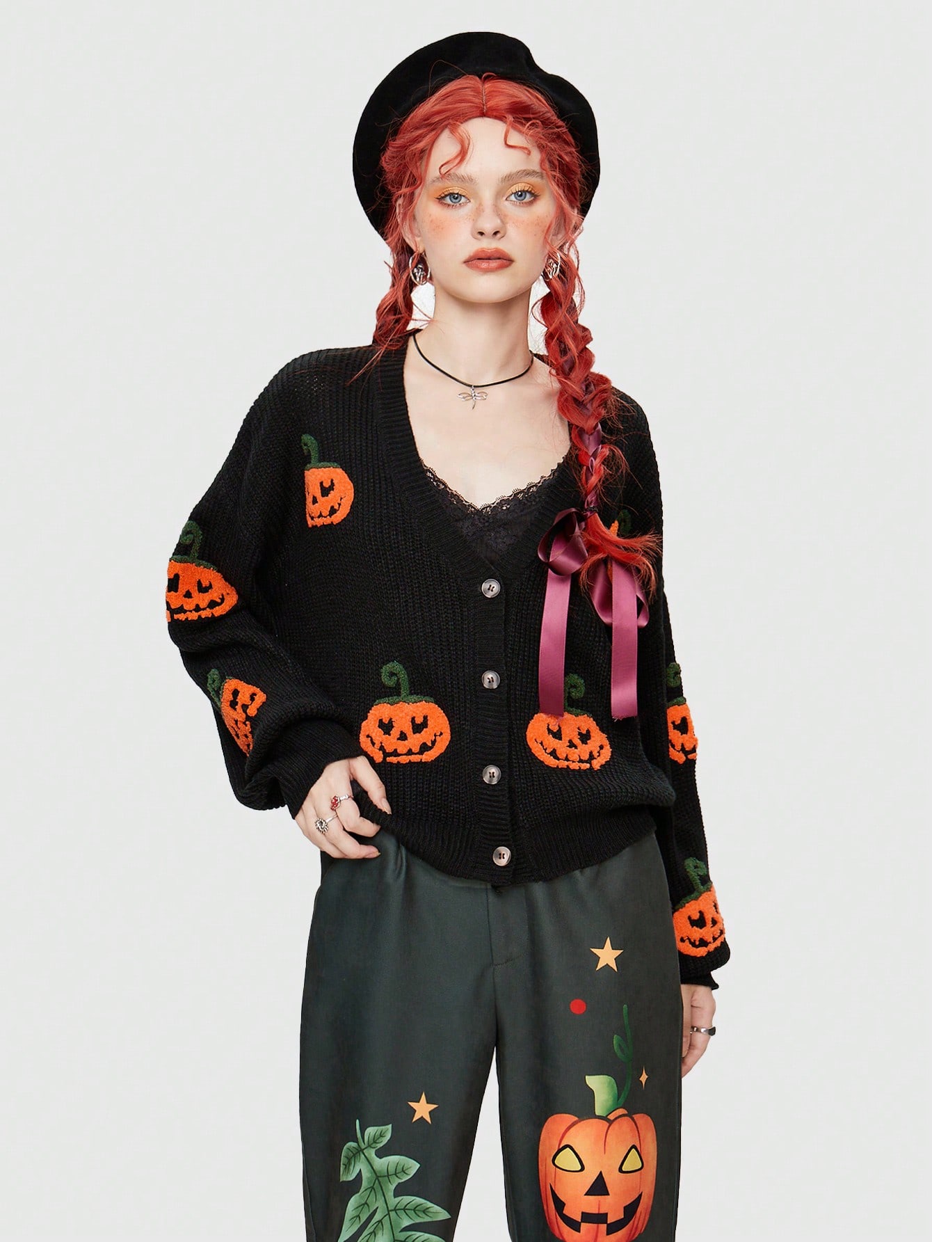 Fairycore Halloween Pumpkin Pattern Drop Shoulder Cardigan