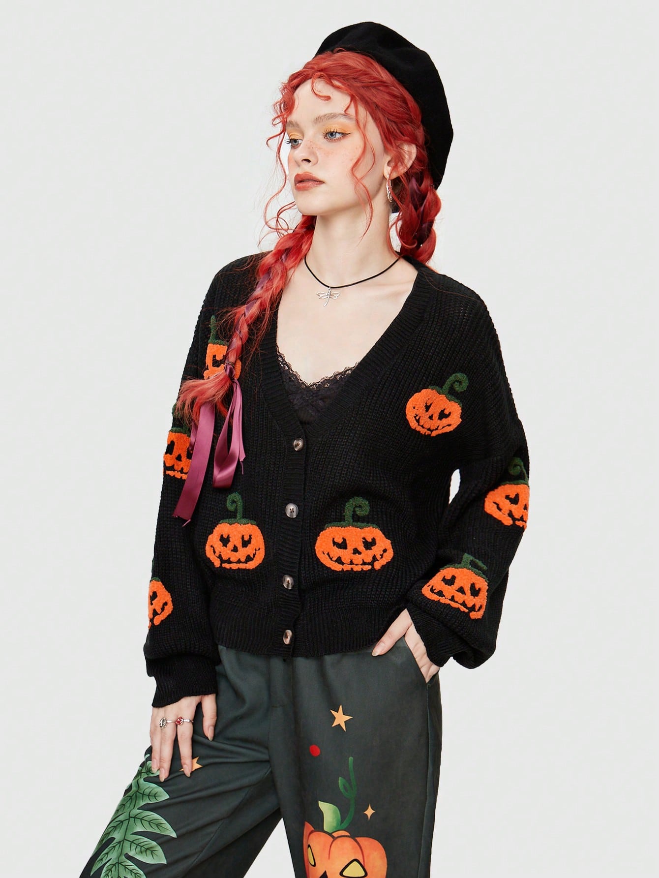 Fairycore Halloween Pumpkin Pattern Drop Shoulder Cardigan