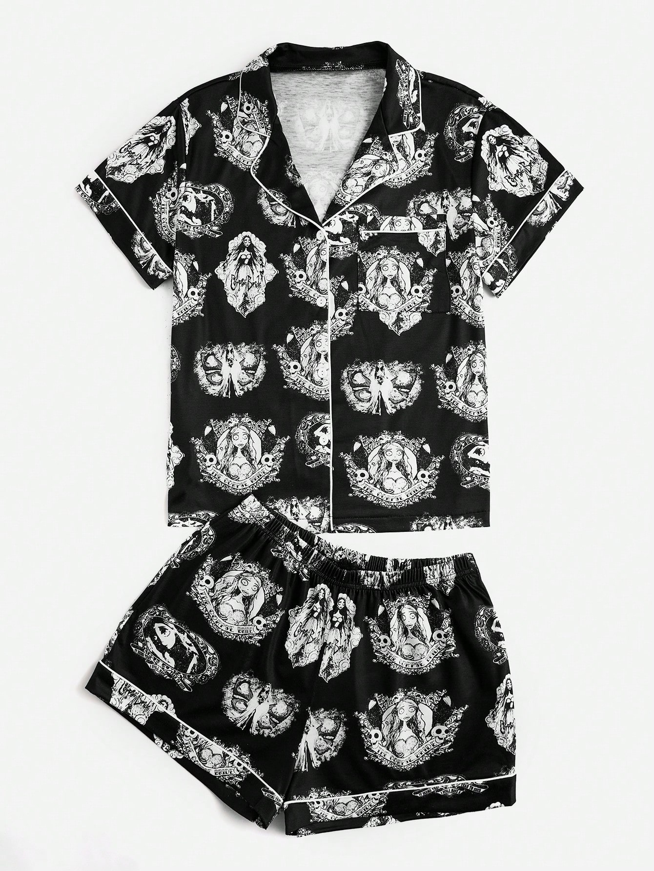 Corpse Bride | ROMWE Figure Print Contrast Binding PJ Set, School