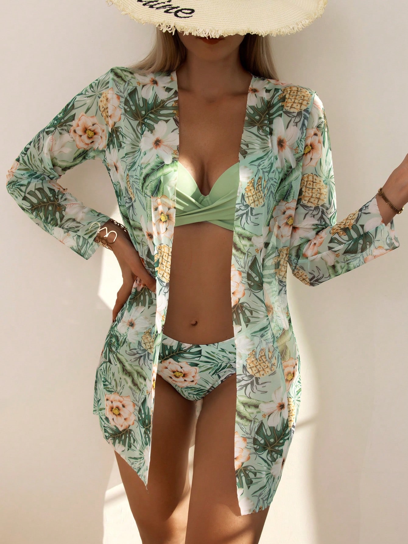 Summer Beach 3packs Plant Print Push Up Bikini & Kimono