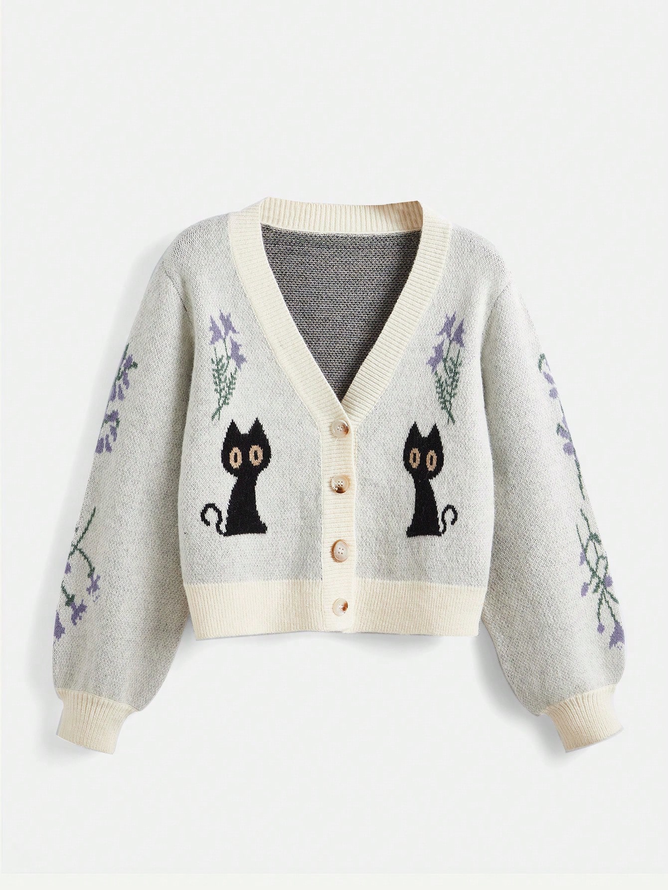 Fairycore Flower Cartoon Pattern Lantern Sleeve Cardigan