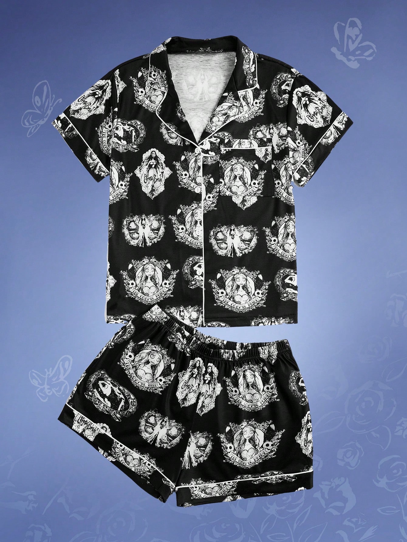 Corpse Bride | ROMWE Figure Print Contrast Binding PJ Set, School