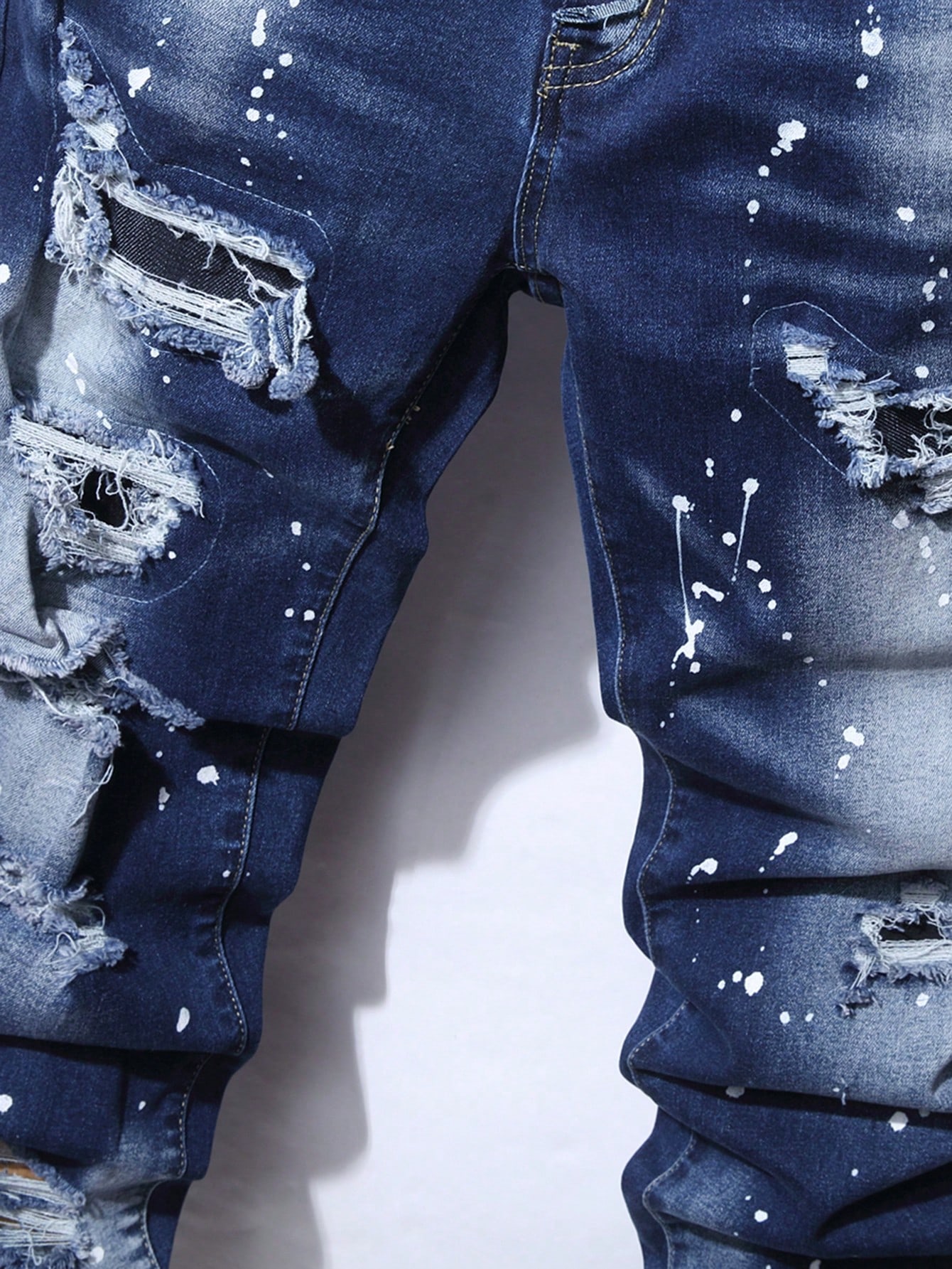 Guys Splash Ink Print Ripped Frayed Rag Stitching Jeans