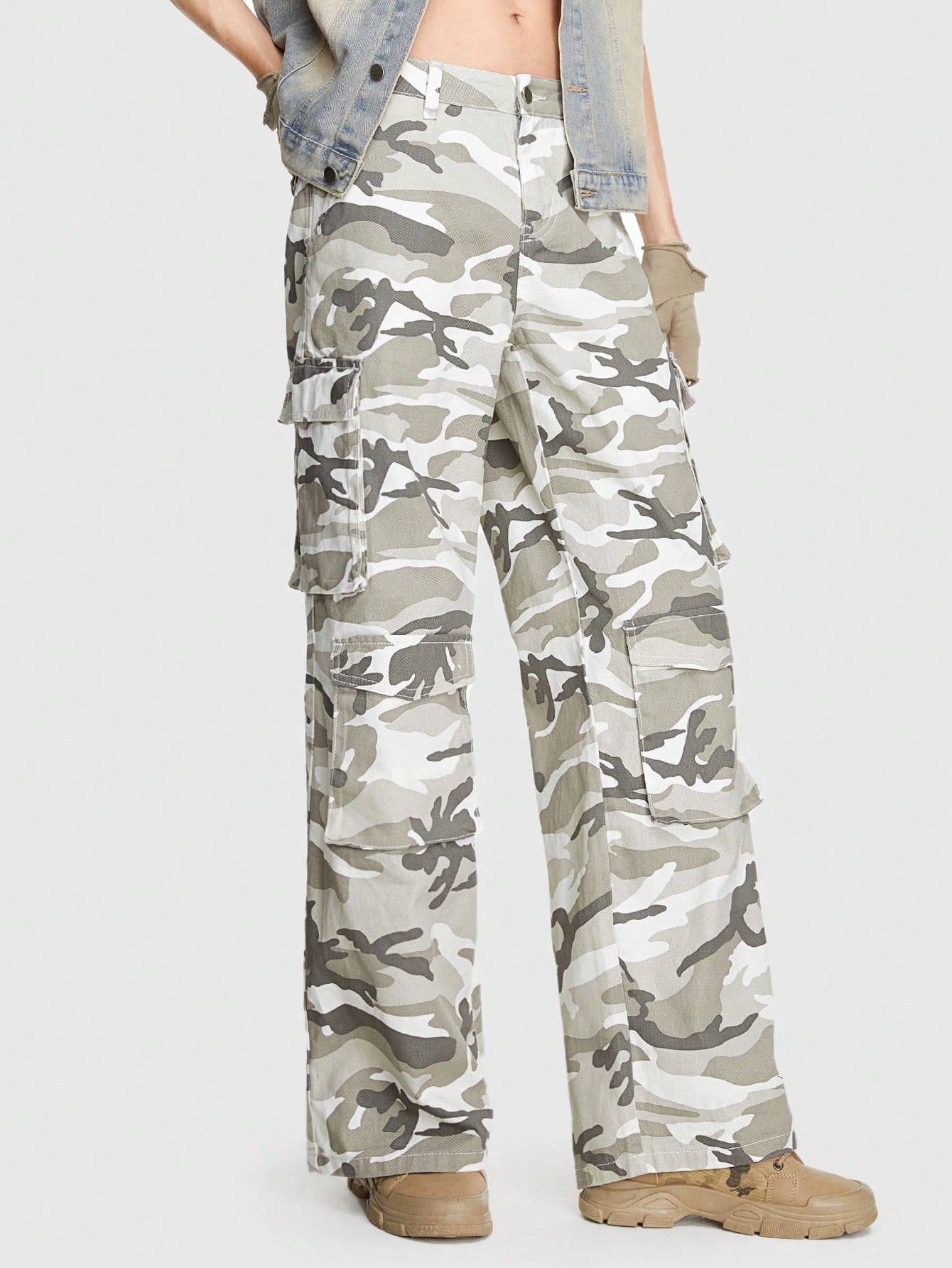 Grunge Punk Guys Camo Print Straight Leg Jeans