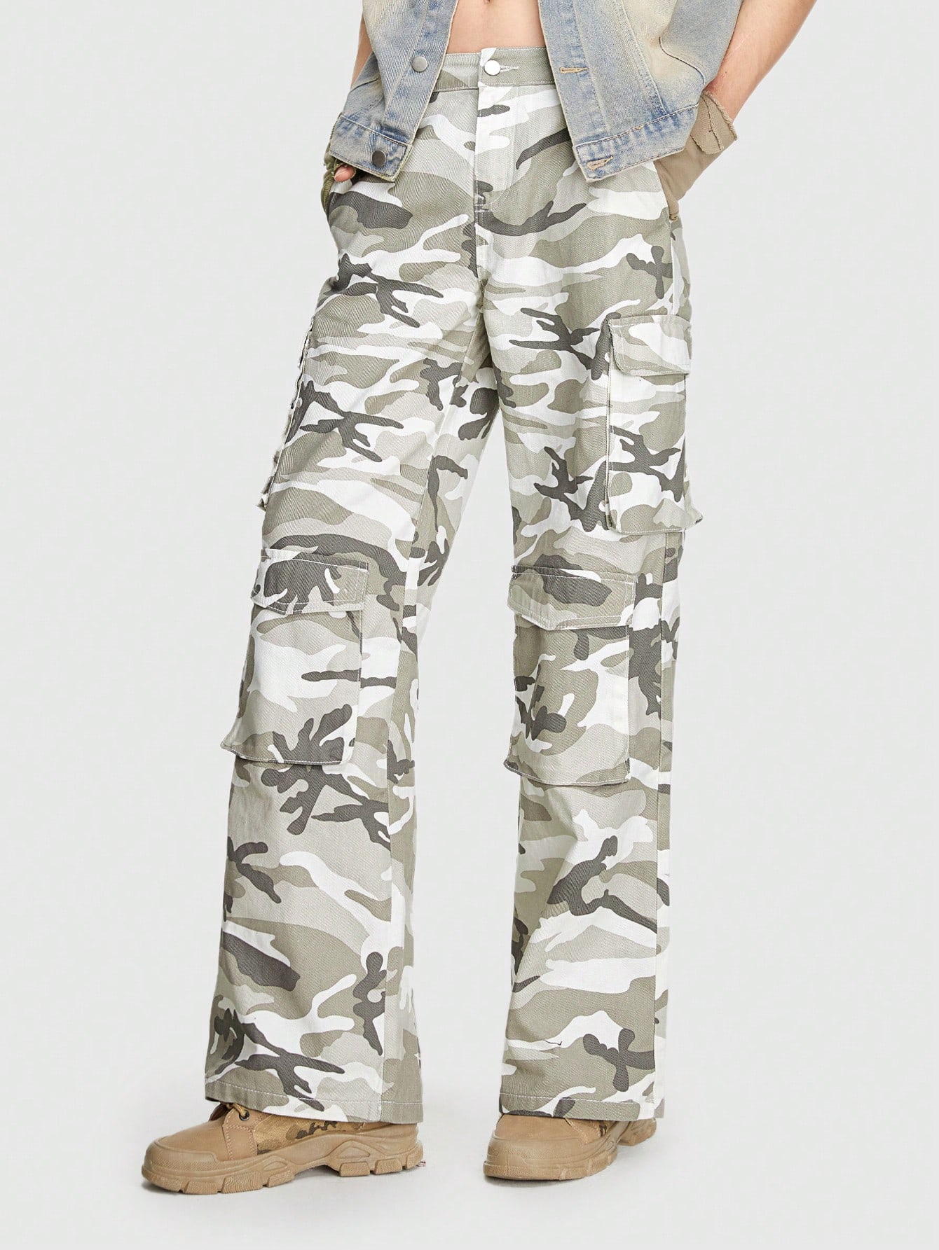 Grunge Punk Guys Camo Print Straight Leg Jeans