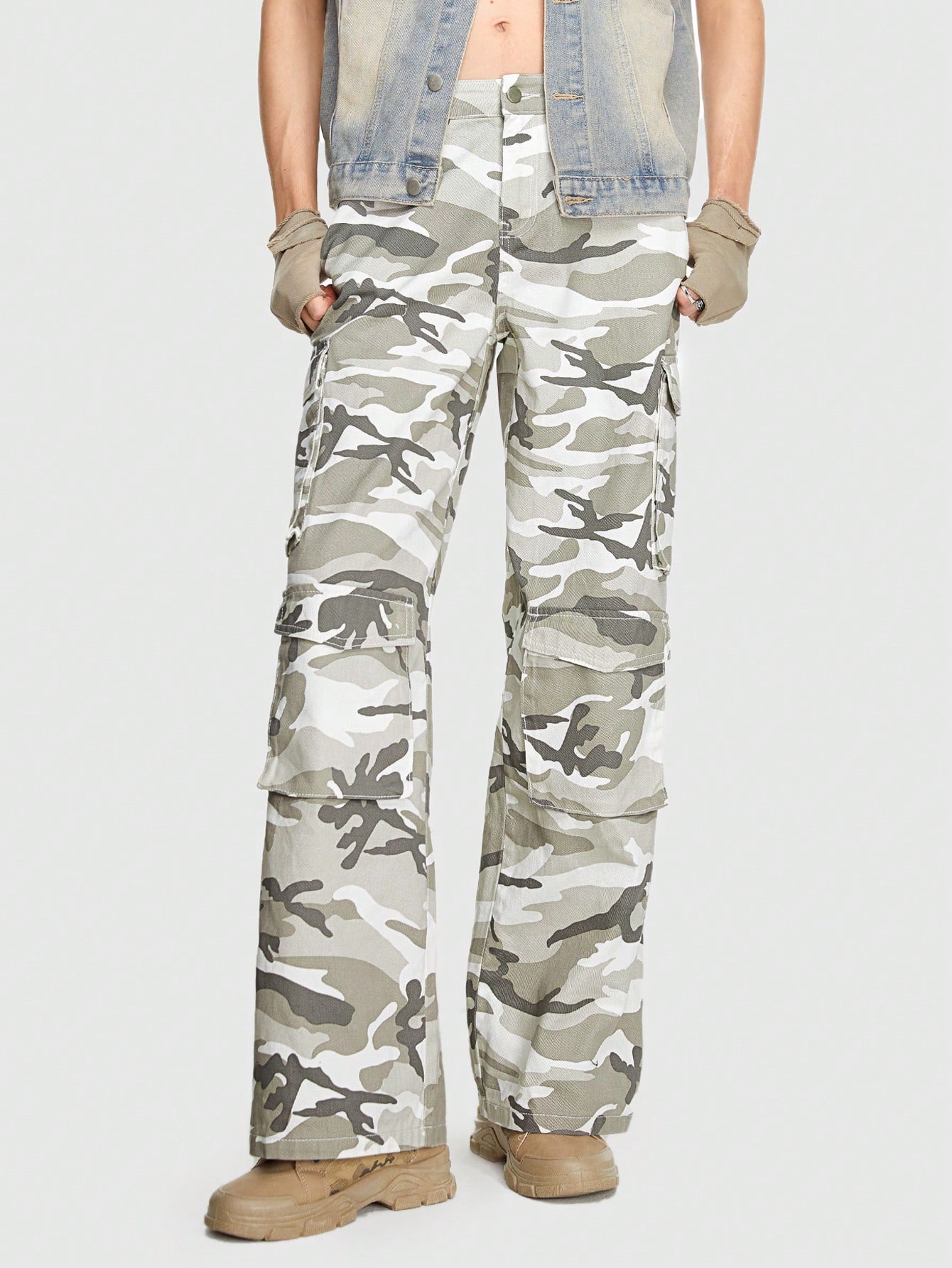 Grunge Punk Guys Camo Print Straight Leg Jeans