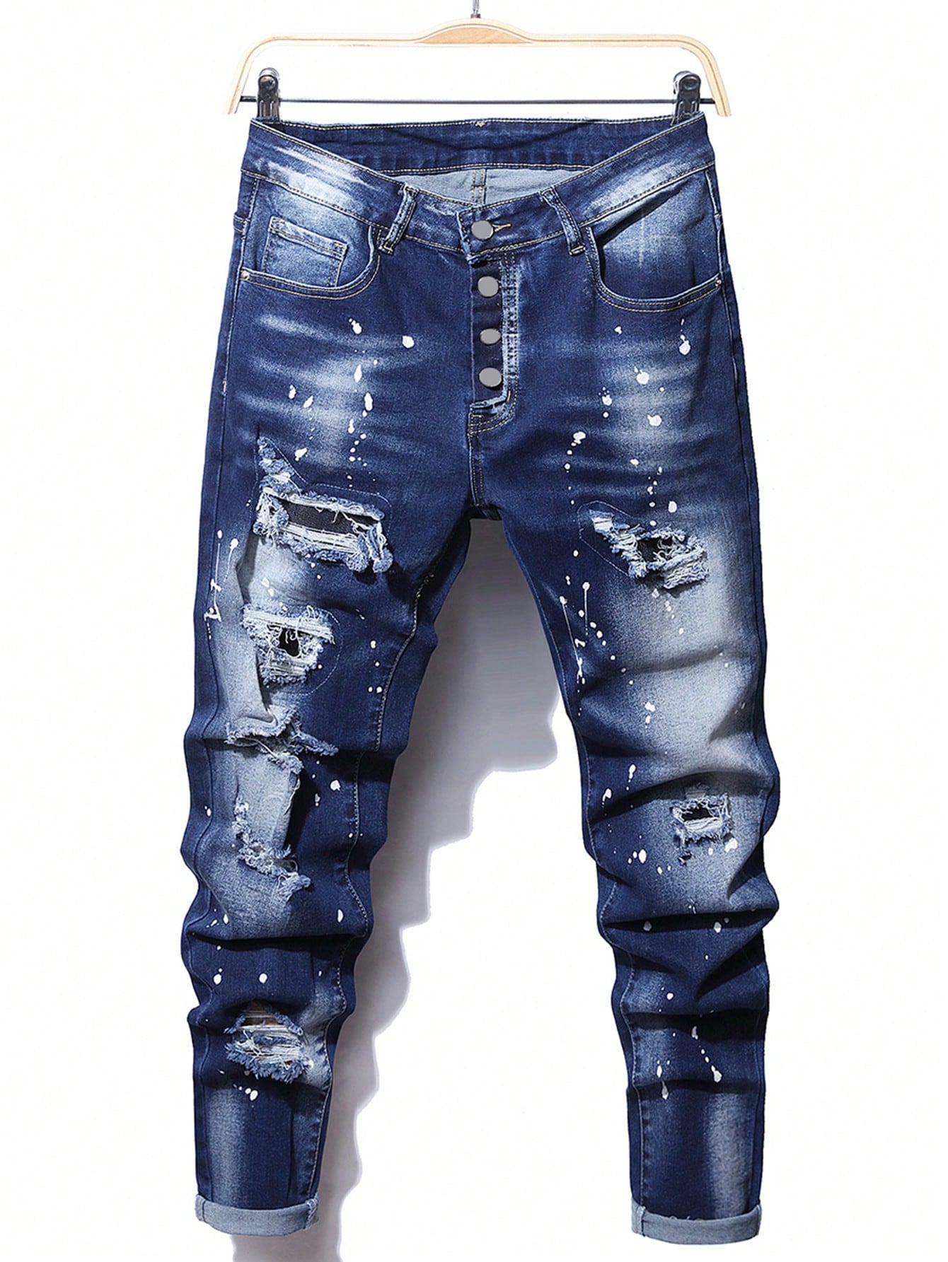 Guys Splash Ink Print Ripped Frayed Rag Stitching Jeans