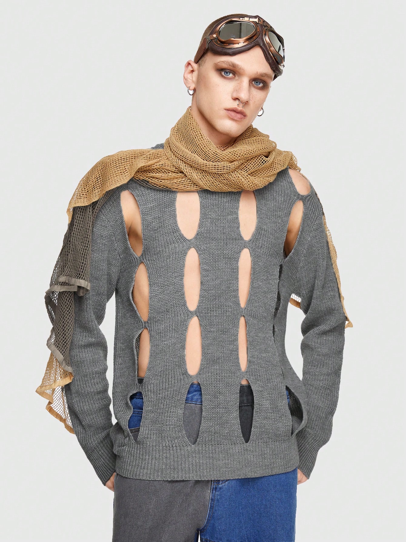 Grunge Punk Guys Cut Out Ripped Drop Shoulder Sweater Without Scarf